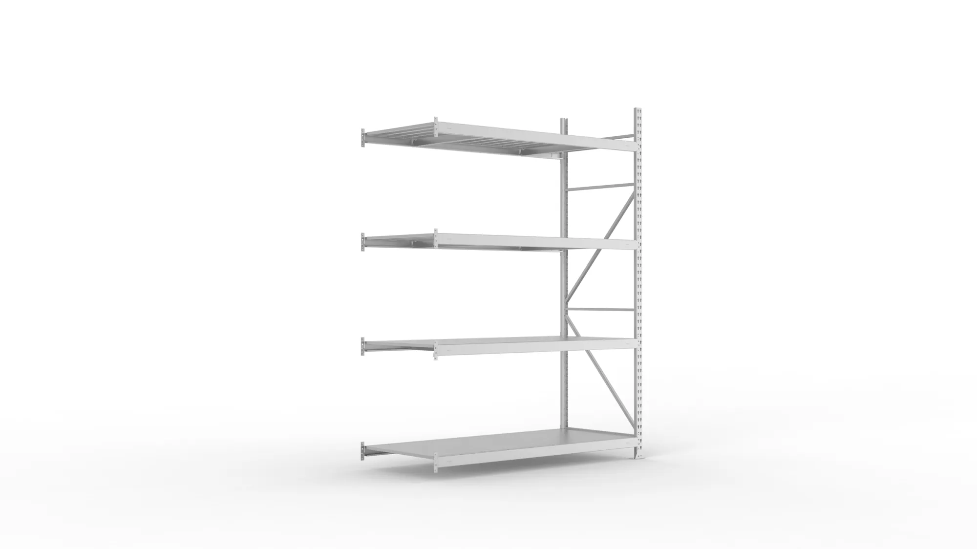 META MINI-RACK, Weitspannregal, Anbauregal, 2500 x 1800 x 800 mm, Fachlast 600 kg, Stahlpaneelböden, 4 Ebenen – Ansicht in Blickhöhe