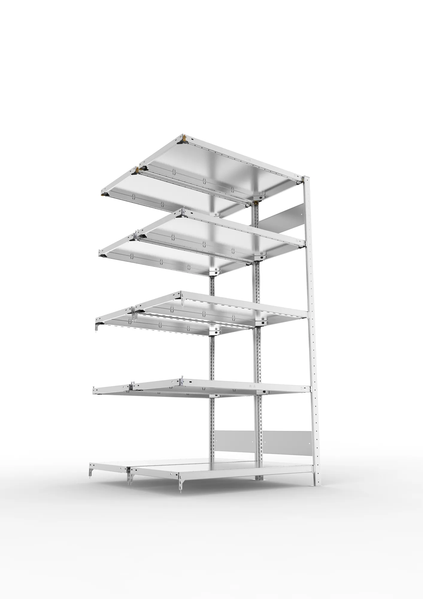 META CLIP S3, Fachbodenregal, Doppel-Anbauregal, 2000 x 1000 x 500 mm, Fachlast 150 kg, 5 Ebenen, Längsriegel, verzinkt – Ansicht von unten
