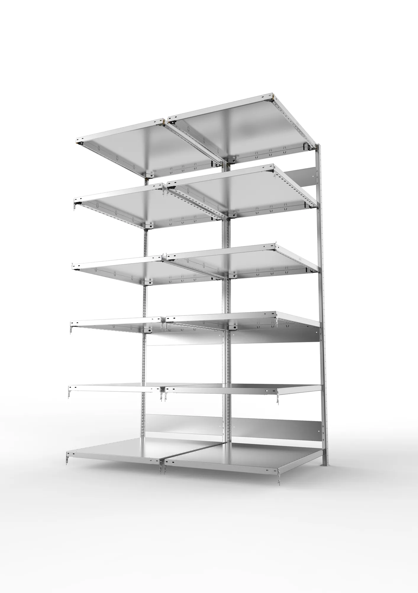 META CLIP S3, Fachbodenregal, Doppel-Anbauregal, 2500 x 1000 x 800 mm, Fachlast 230 kg, 6 Ebenen, Längsriegel, verzinkt – Seitenansicht