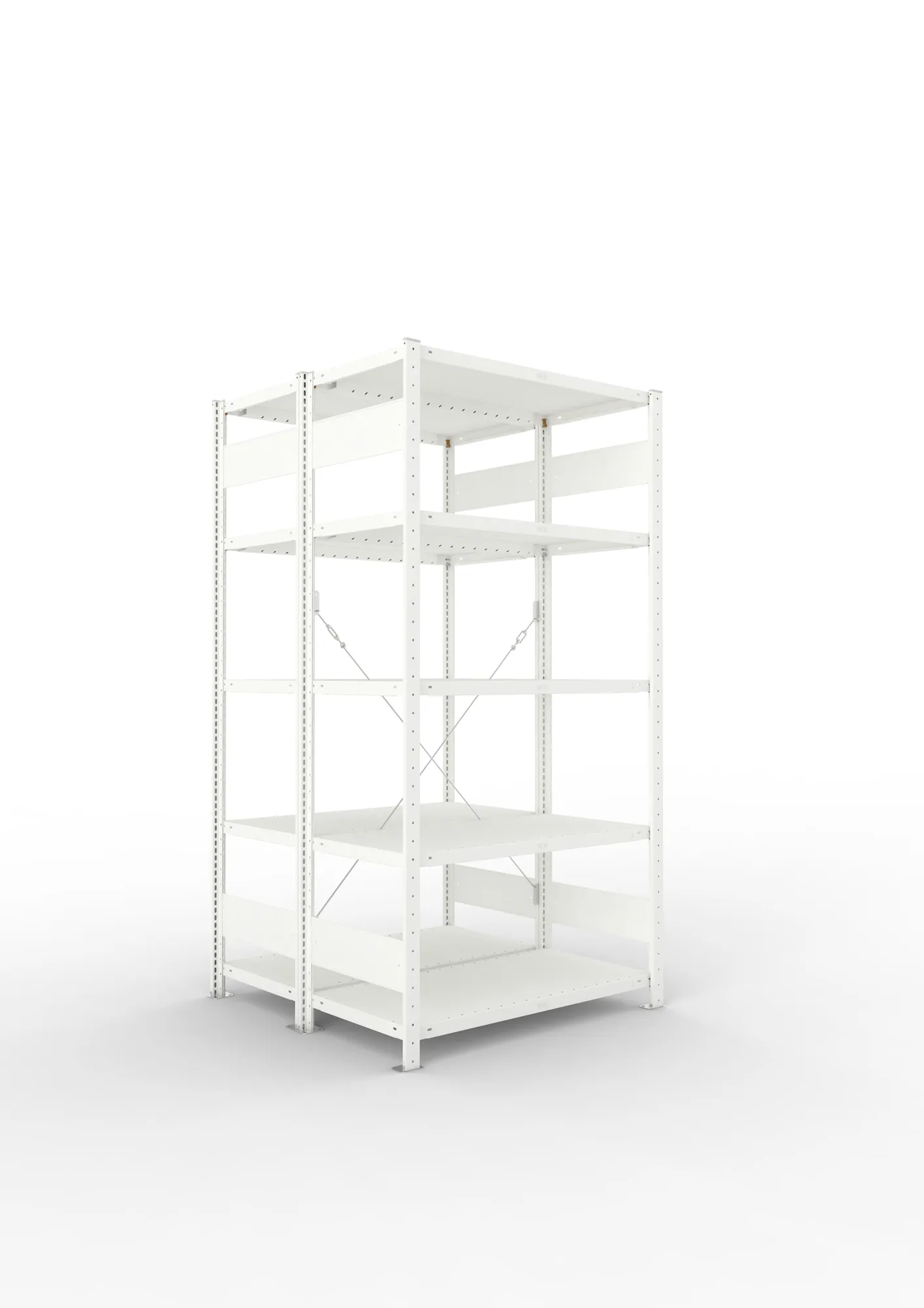 META CLIP, Fachbodenregal, Doppel-Grundregal, 2000 x 1000 x 500 mm, Fachlast 230 kg, 5 Ebenen, RAL 7035 – Ansicht in Blickhöhe