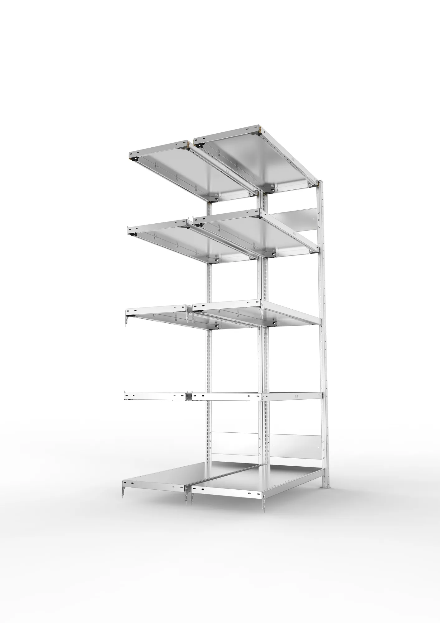 META CLIP S3, Fachbodenregal, Doppel-Anbauregal, 2000 x 1000 x 400 mm, Fachlast 150 kg, 5 Ebenen, Längsriegel, verzinkt – Seitenansicht