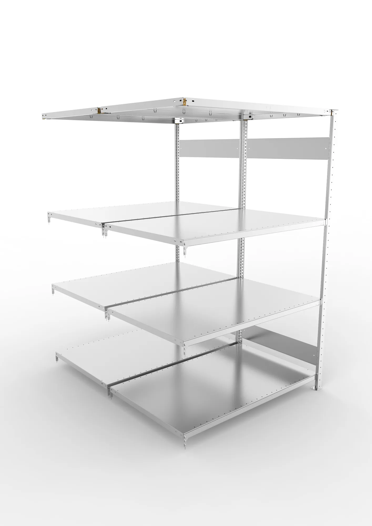 META CLIP S3, Fachbodenregal, Doppel-Anbauregal, 2000 x 1300 x 800 mm, Fachlast 230 kg, 4 Ebenen, Längsriegel, verzinkt – Ansicht von oben