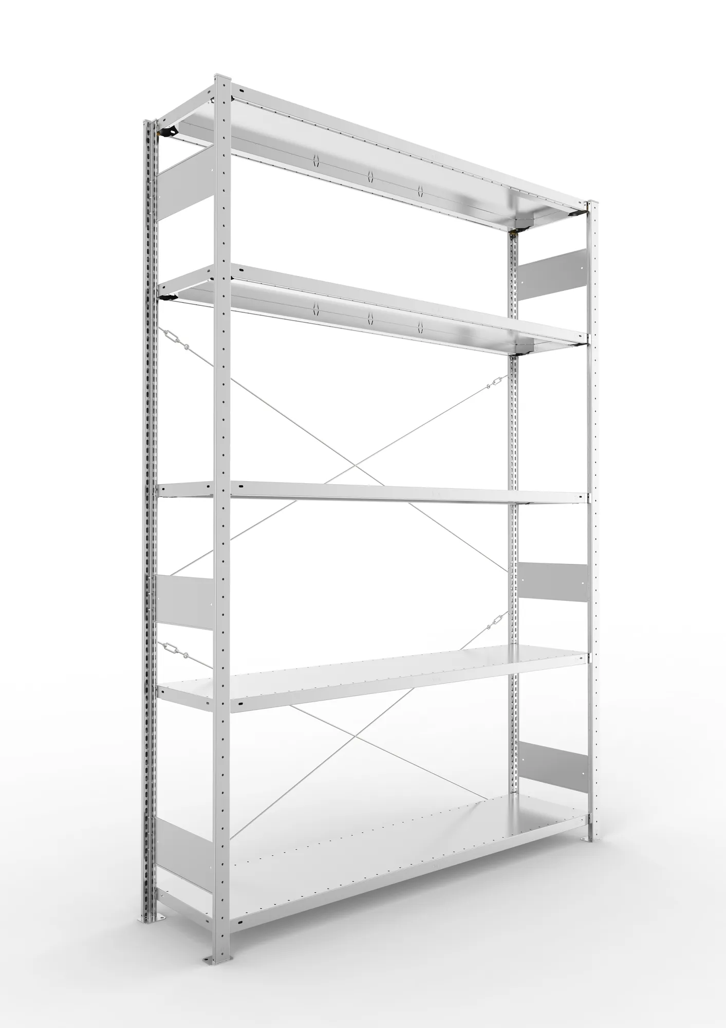 META CLIP S3, Fachbodenregal, Grundregal, 2500 x 1700 x 400 mm, Fachlast 200 kg, 4 Ebenen, verzinkt – Ansicht in Blickhöhe