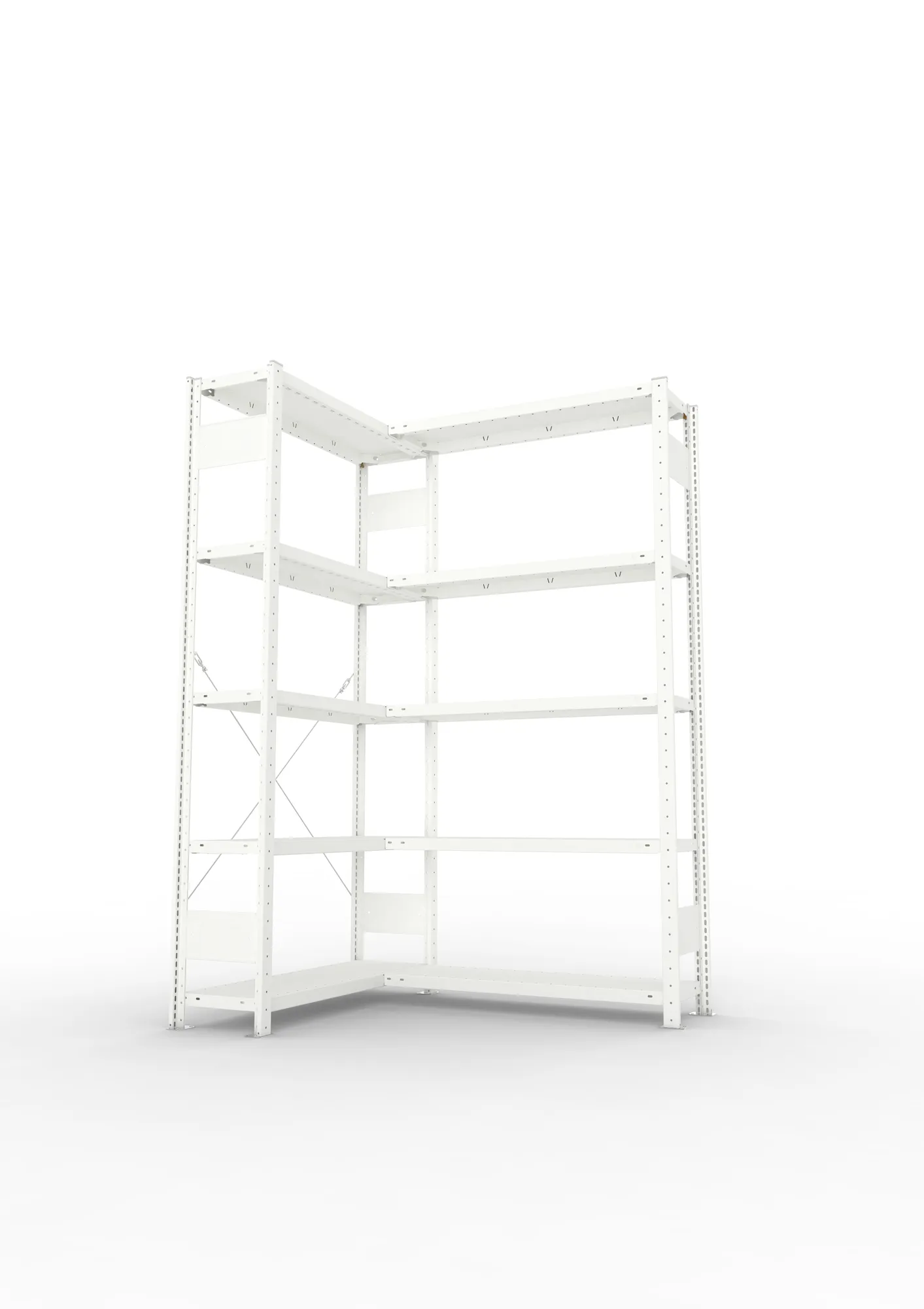 META CLIP, Eckregal, 2000 x 1000 x 300 mm, Fachlast 100 kg, 5 Ebenen, RAL 7035 – Seitenansicht