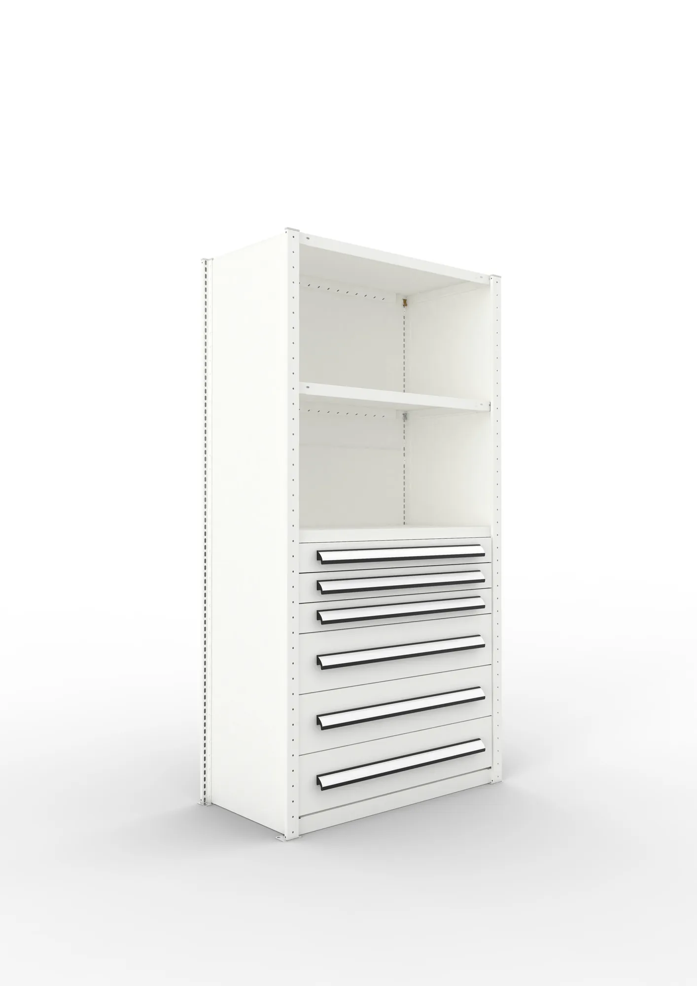 META CLIP, Schrankmodul, Grundregal, Variante 4, 2000 x 1000 x 500 mm, Schubladen untere Hälfte, RAL 7035 – Ansicht in Blickhöhe