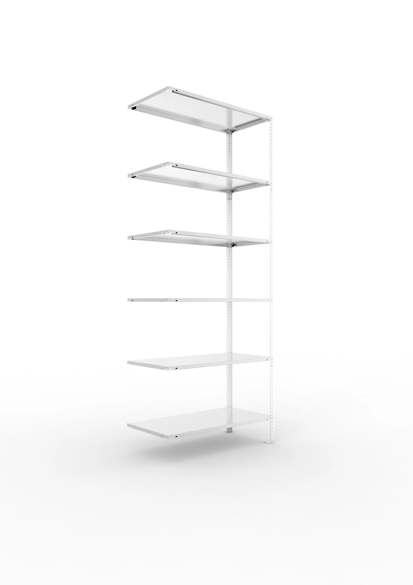 META FIX, Fachbodenregal, Anbauregal, 2500 x 1000 x 500 mm, Fachlast 80 kg, 6 Ebenen, verzinkt – Ansicht in Blickhöhe