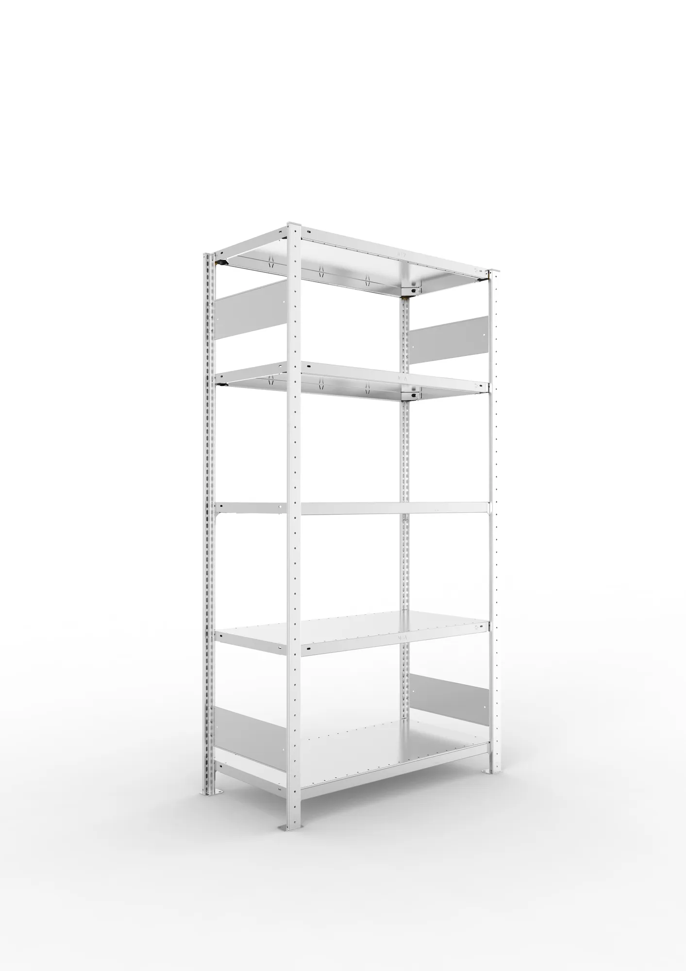META CLIP S3, Fachbodenregal, Grundregal, 2000 x 1000 x 500 mm, Fachlast 150 kg, 5 Ebenen, Längsriegel, verzinkt – Ansicht in Blickhöhe