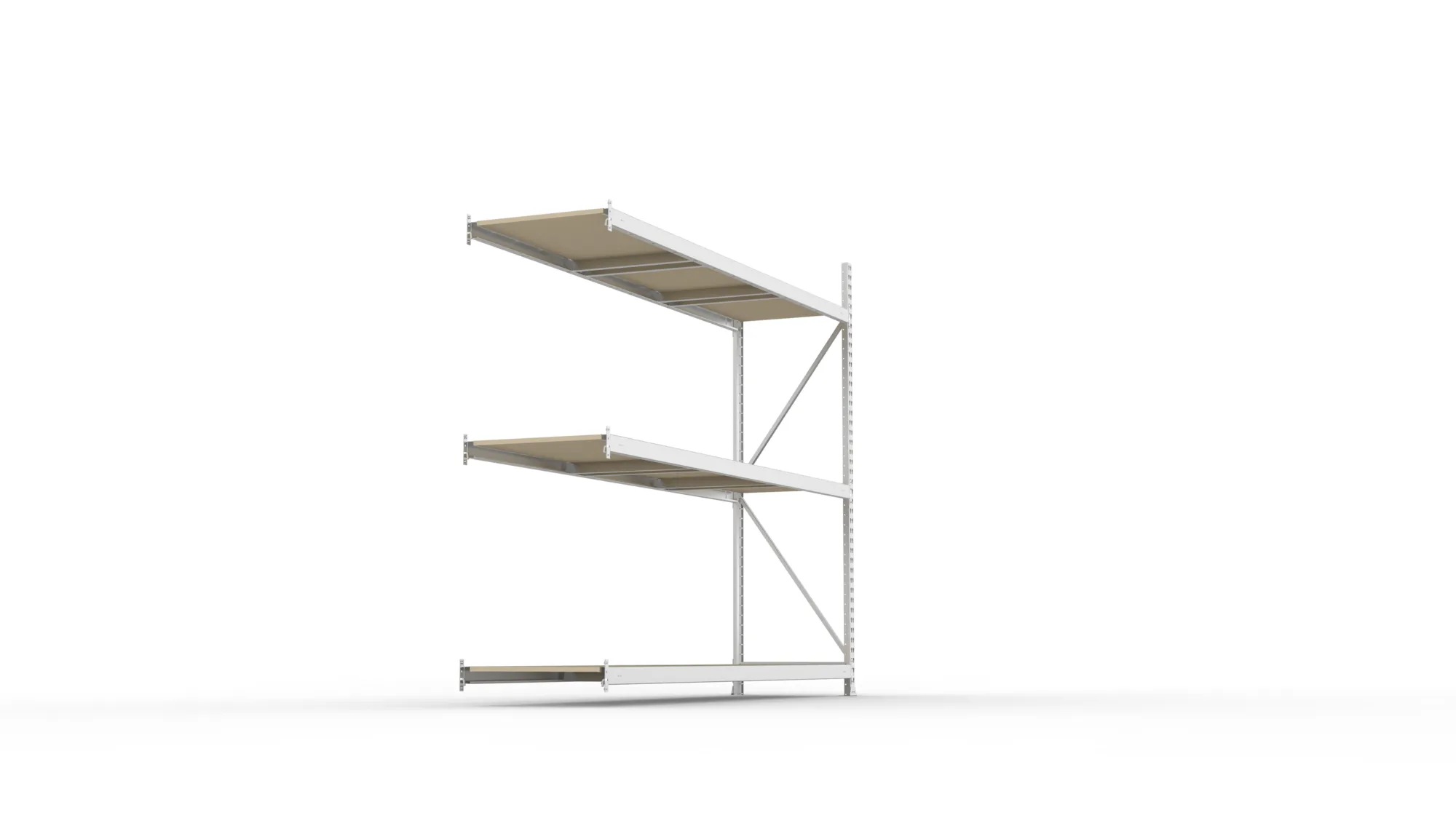 META MINI-RACK, Weitspannregal, Anbauregal, 2200 x 2600 x 650 mm, Fachlast 490 kg, Spanplattenböden, 3 Ebenen – Seitenansicht