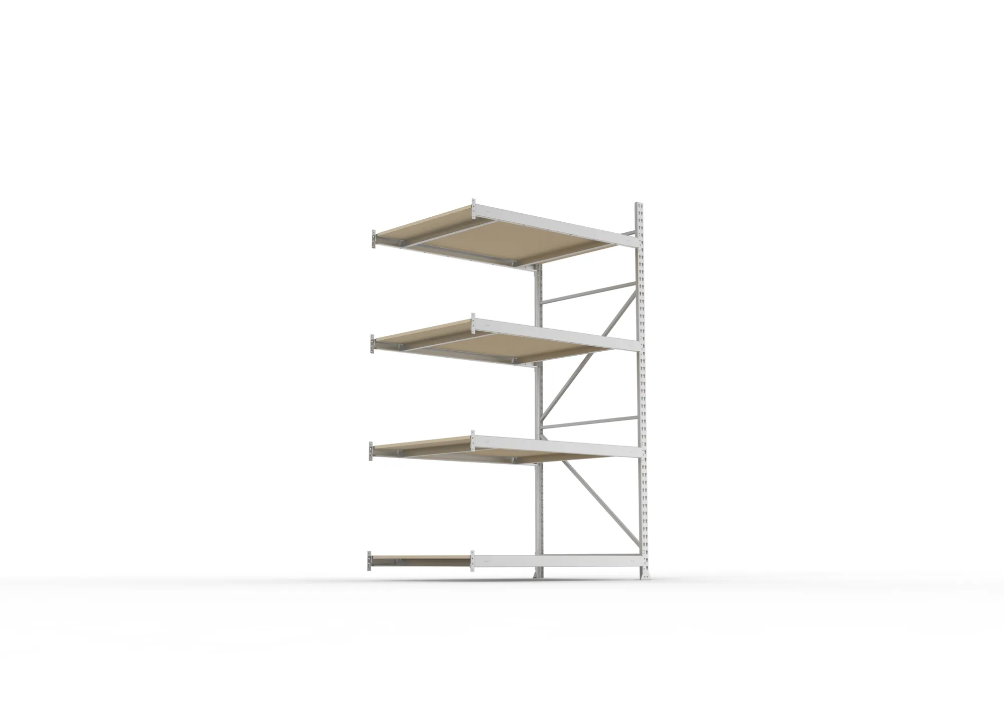 META MINI-RACK, Weitspannregal, Anbauregal, 2500 x 1400 x 1050 mm, Fachlast 600 kg, Spanplattenböden, 4 Ebenen – Ansicht von unten