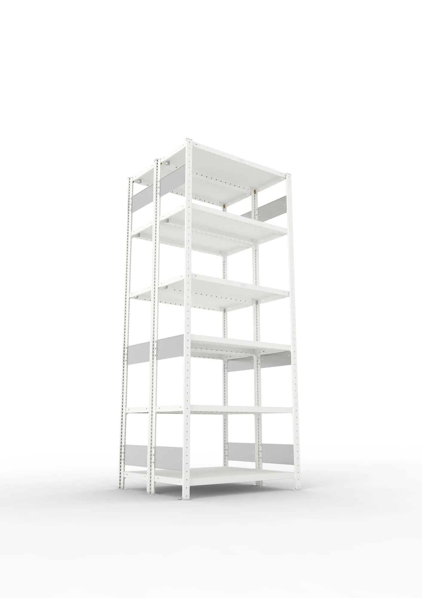 META CLIP S3, Fachbodenregal, Doppel-Grundregal, 2500 x 1000 x 400 mm, Fachlast 230 kg, 6 Ebenen, Längsriegel, RAL 7035 – Ansicht von unten