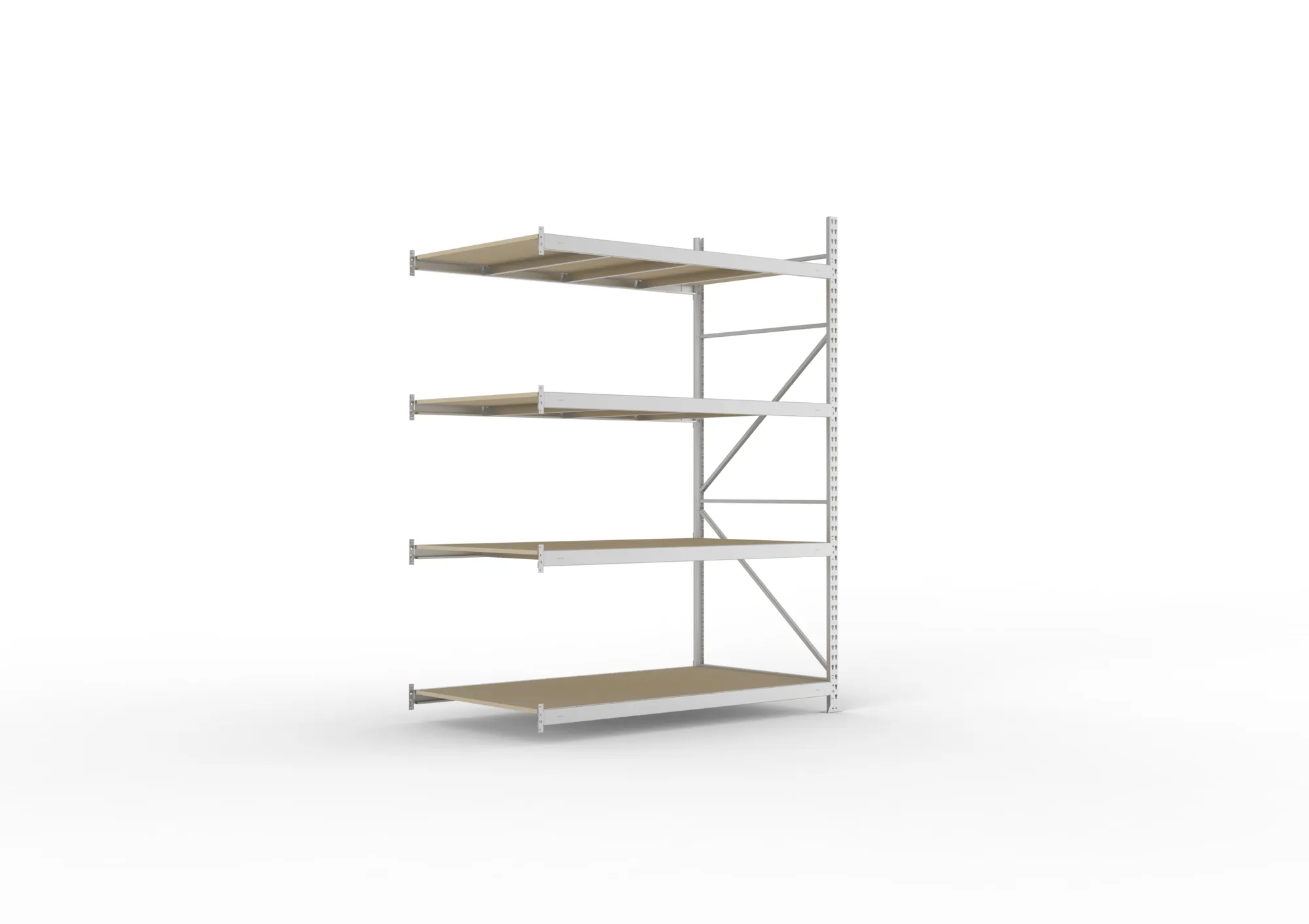 META MINI-RACK, Weitspannregal, Anbauregal, 2500 x 1800 x 1050 mm, Fachlast 600 kg, Spanplattenböden, 4 Ebenen – Ansicht in Blickhöhe