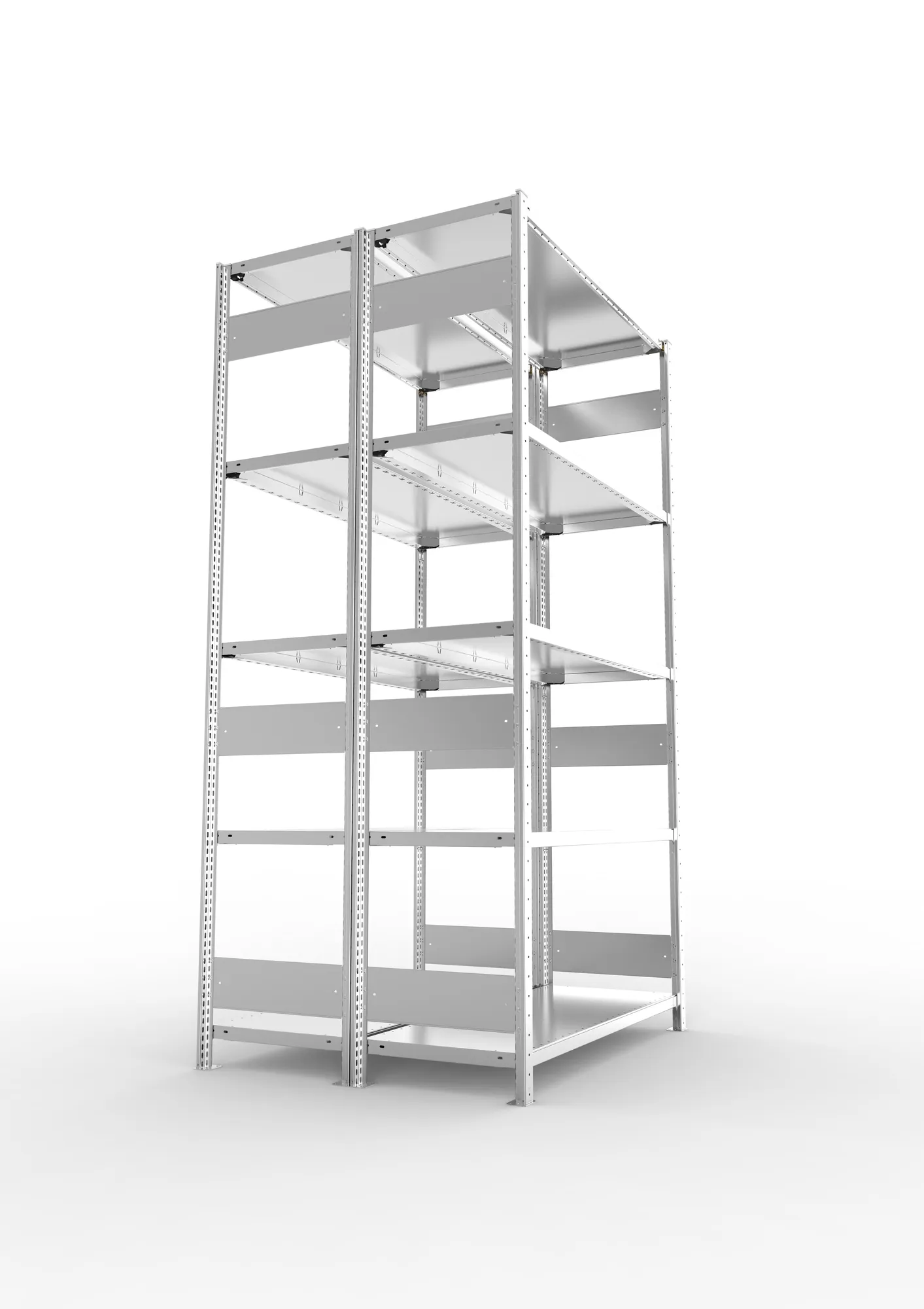 META CLIP S3, Fachbodenregal, Doppel-Grundregal, 2500 x 1300 x 500 mm, Fachlast 230 kg, 5 Ebenen, Längsriegel, verzinkt – Seitenansicht