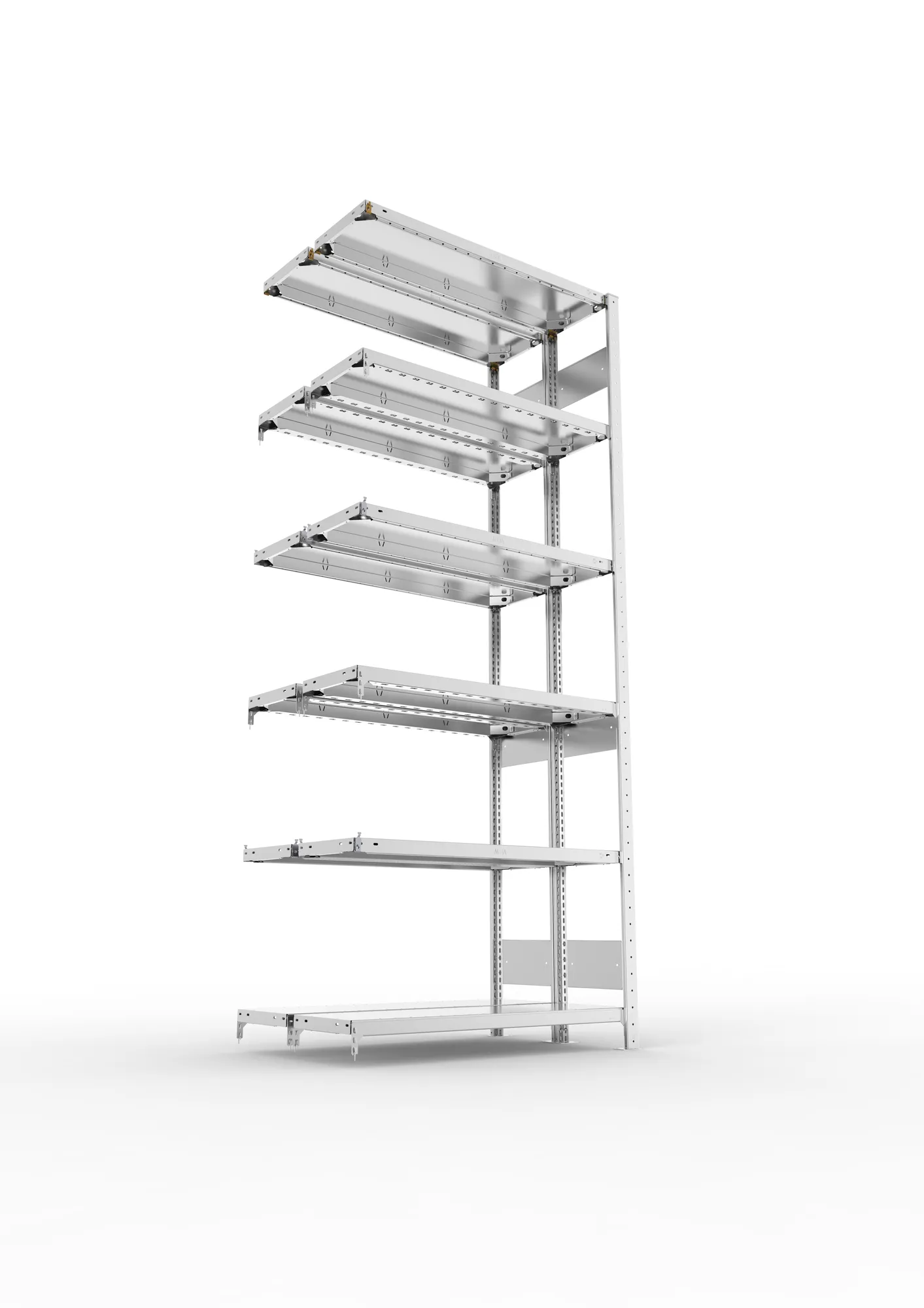 META CLIP S3, Fachbodenregal, Doppel-Anbauregal, 2500 x 1000 x 300 mm, Fachlast 150 kg, 6 Ebenen, Längsriegel, verzinkt – Ansicht von unten