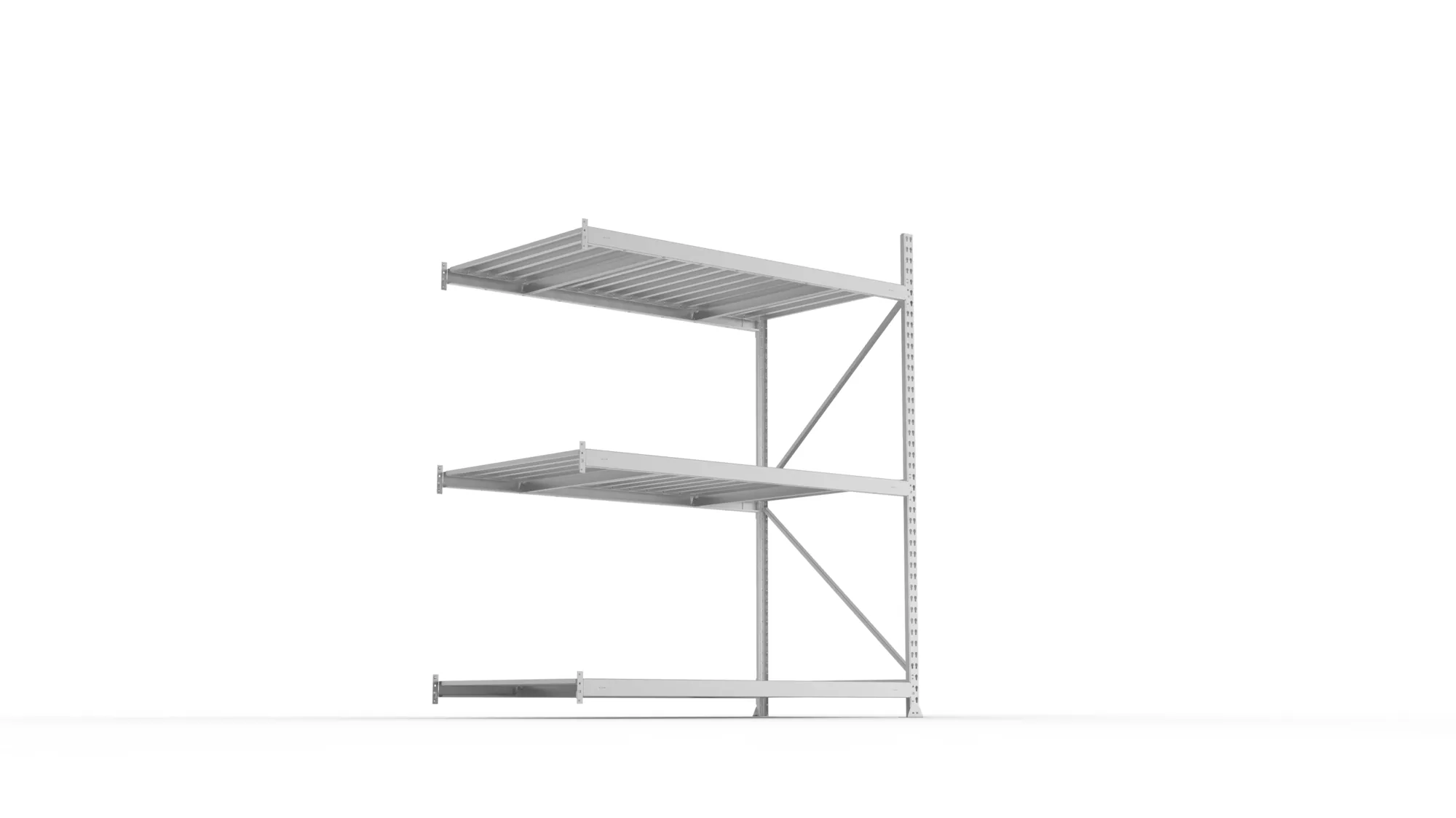 META MINI-RACK, Weitspannregal, Anbauregal, 2200 x 1800 x 1050 mm, Fachlast 600 kg, Stahlpaneelböden, 3 Ebenen – Ansicht von unten