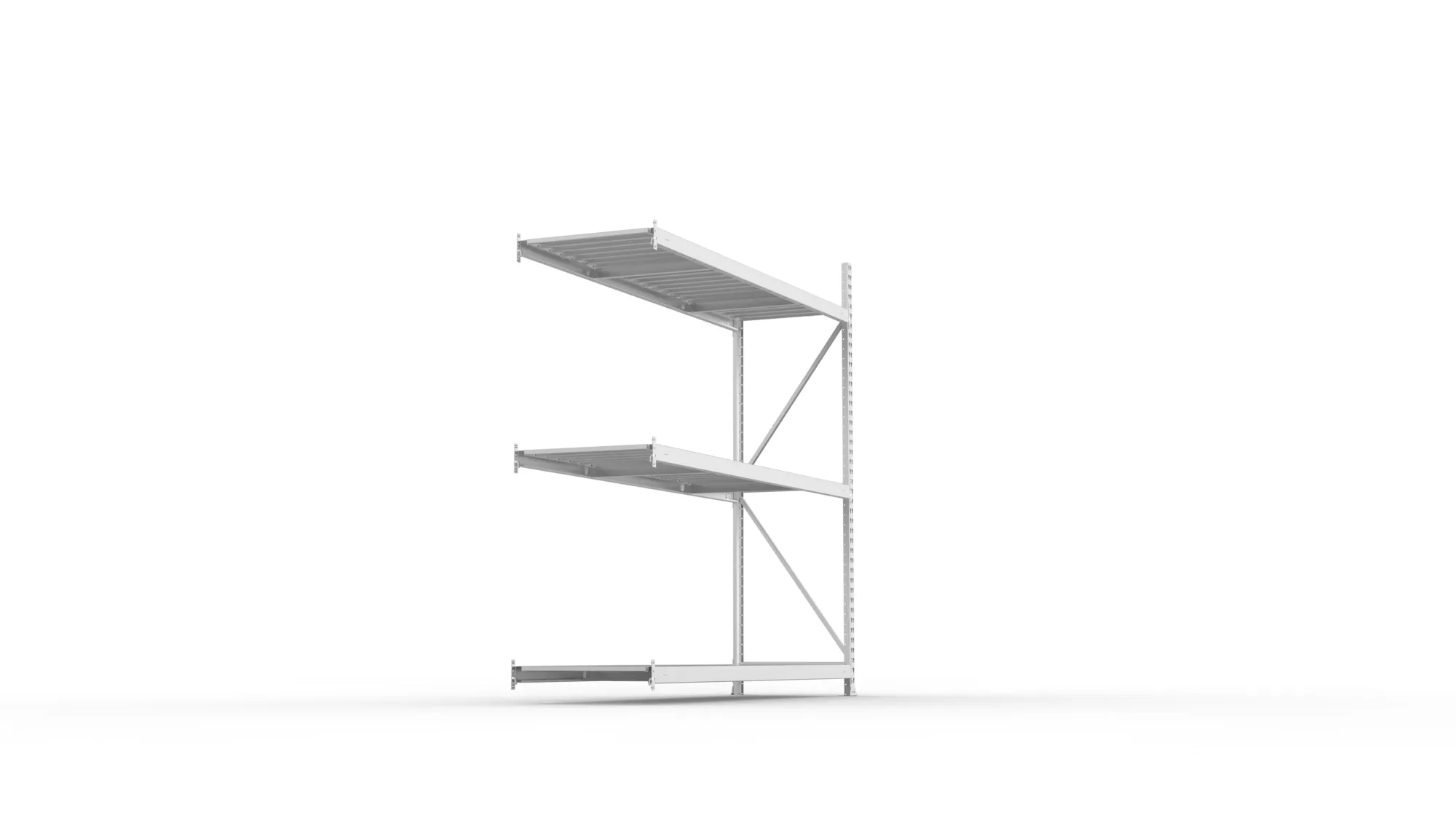 META MINI-RACK, Weitspannregal, Anbauregal, 2200 x 2200 x 650 mm, Fachlast 600 kg, Stahlpaneelböden, 3 Ebenen – Seitenansicht