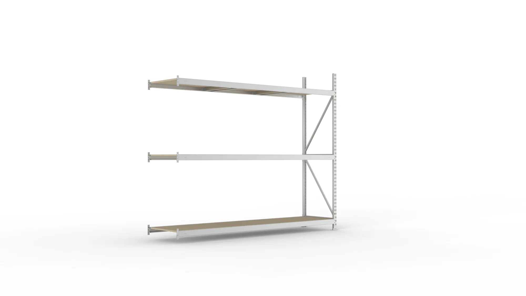 META MINI-RACK, Weitspannregal, Anbauregal, 2200 x 2600 x 650 mm, Fachlast 490 kg, Spanplattenböden, 3 Ebenen – Ansicht in Blickhöhe
