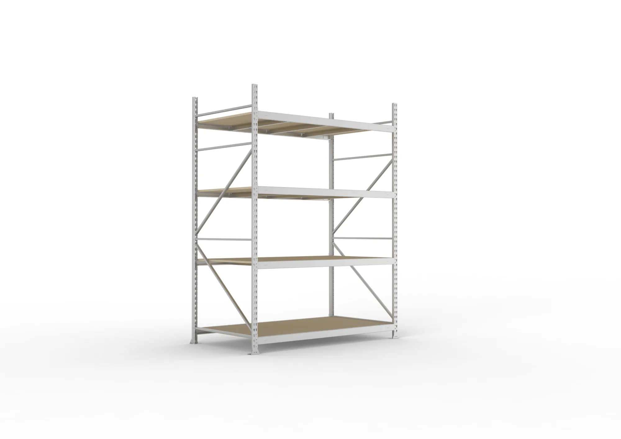 META MINI-RACK, Weitspannregal, Grundregal, 2500 x 1800 x 1050 mm, Fachlast 600 kg, Spanplattenböden, 4 Ebenen – Ansicht in Blickhöhe