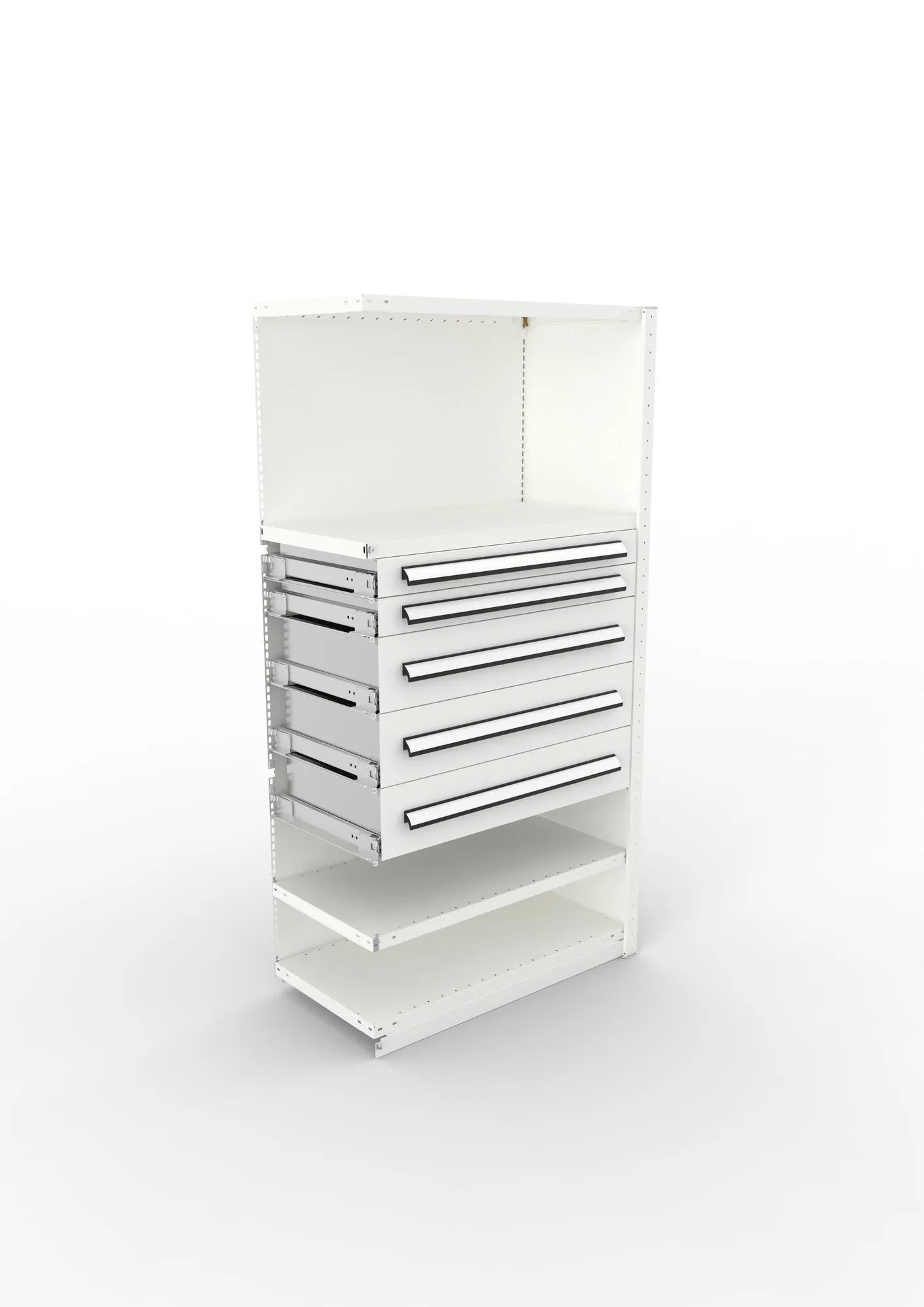 META CLIP, Schrankmodul, Anbauregal, Variante 4, 2000 x 1000 x 500 mm, Schubladen mittig, RAL 7035 – Ansicht von oben
