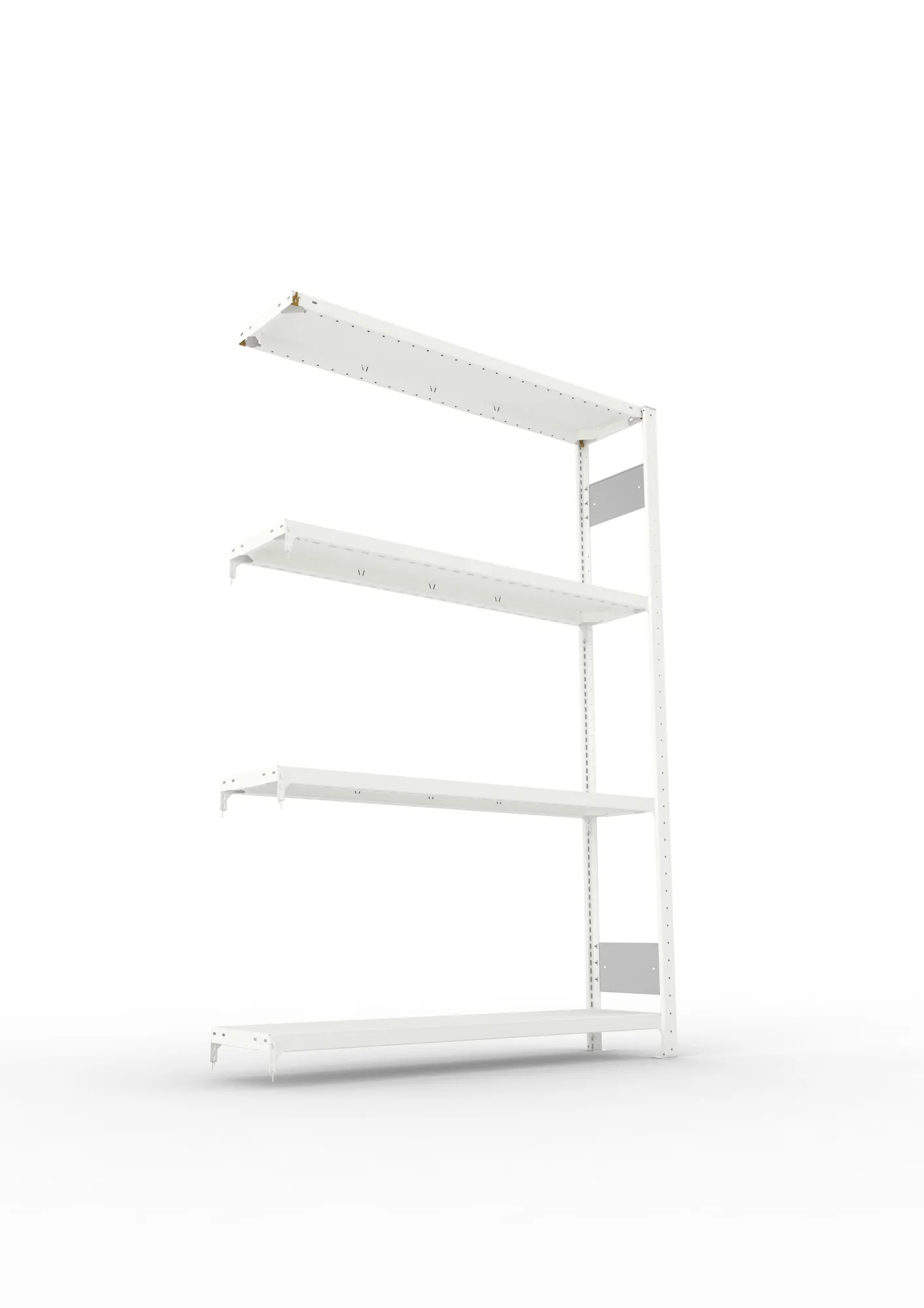 META CLIP S3, Fachbodenregal, Anbauregal, 2000 x 1300 x 300 mm, Fachlast 230 kg, 4 Ebenen, Längsriegel, RAL 7035 – Ansicht von unten