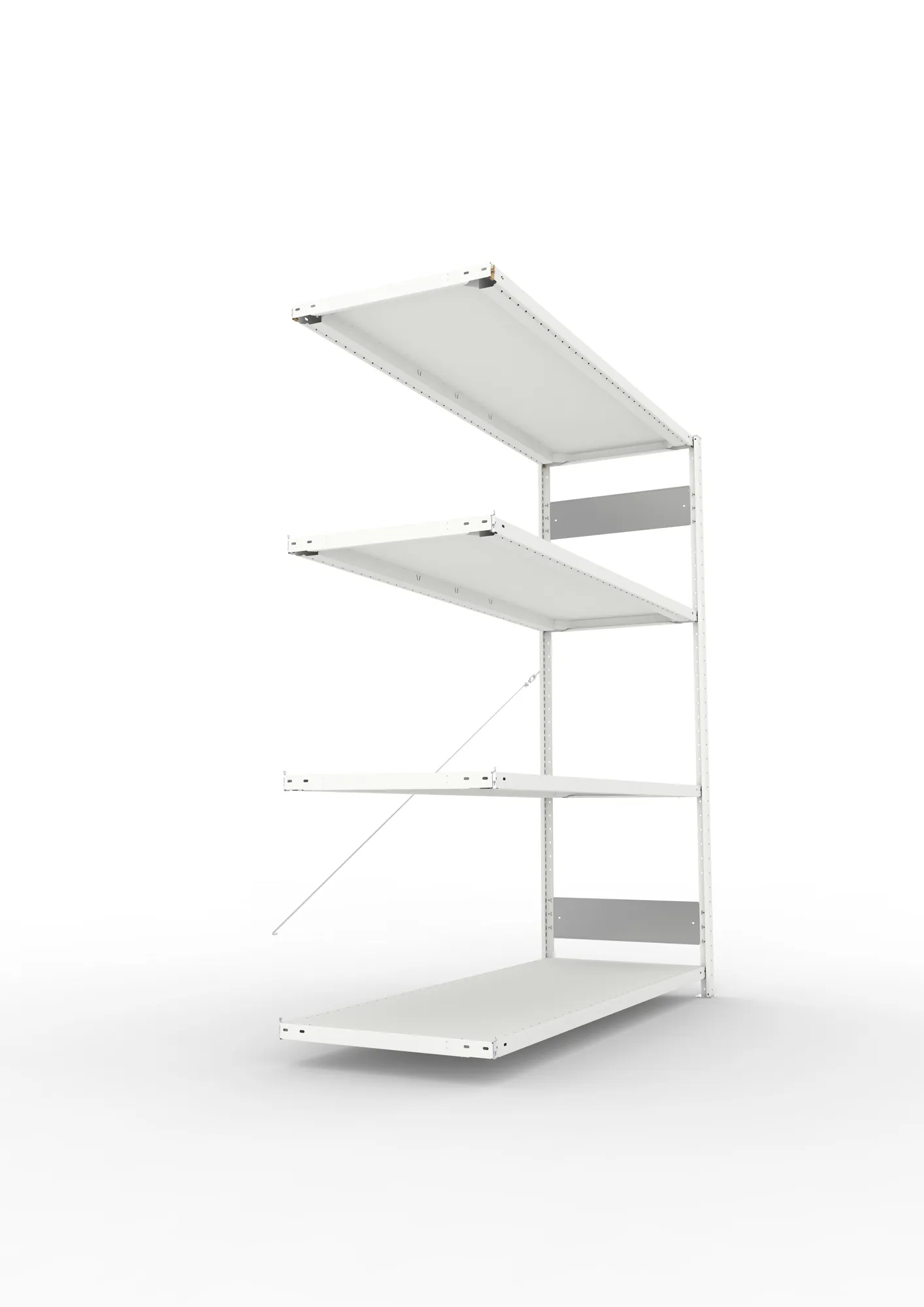 META CLIP S3, Fachbodenregal, Anbauregal, 2000 x 1700 x 600 mm, Fachlast 200 kg, 4 Ebenen, RAL 7035 – Seitenansicht