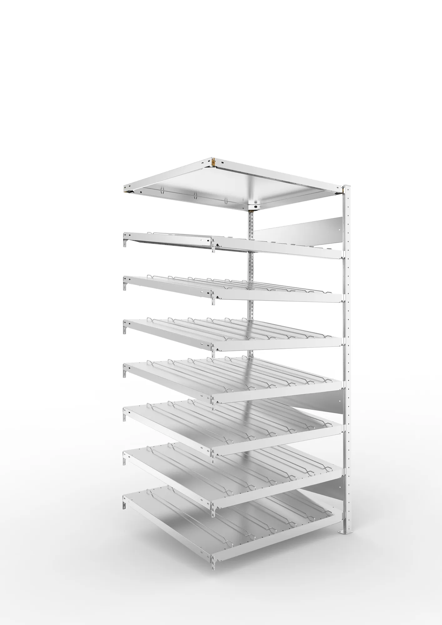 META CLIP S3, Schrägbodenregal, Anbauregal, 2000 x 1000 x 800 mm, Fachlast 230 kg, 8 Ebenen, verzinkt – Ansicht in Blickhöhe