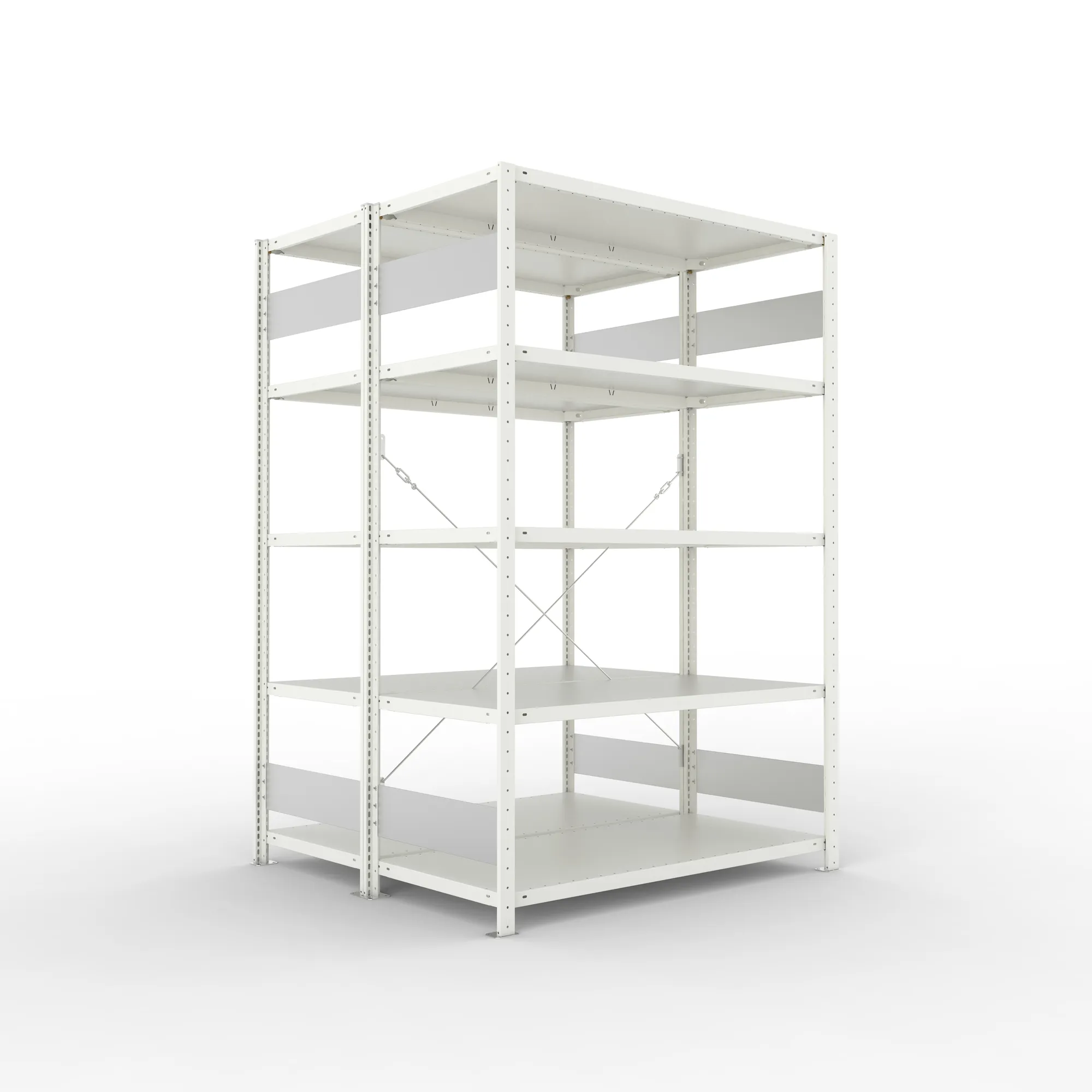 META CLIP S3, Fachbodenregal, Doppel-Grundregal, 2000 x 1300 x 600 mm, Fachlast 150 kg, 5 Ebenen, RAL 7035 – Ansicht in Blickhöhe