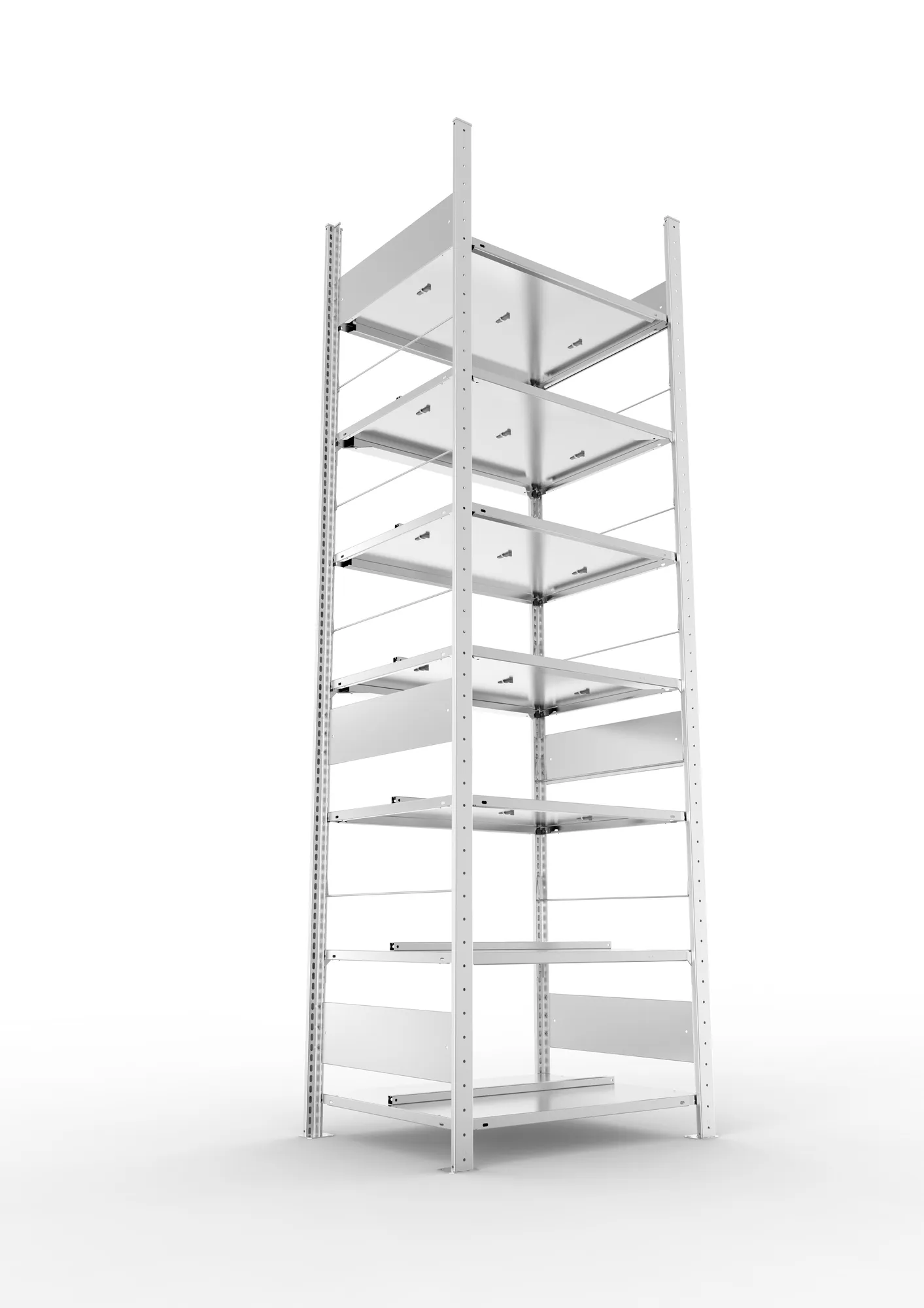 META CLIP COMPACT S3, Büro-Steckregal, Doppel-Grundregal, 2500 x 750 x 600 mm, Fachlast 100 kg, 7+0 Ebenen, Mittelanschlag, verzinkt – Ansicht von unten