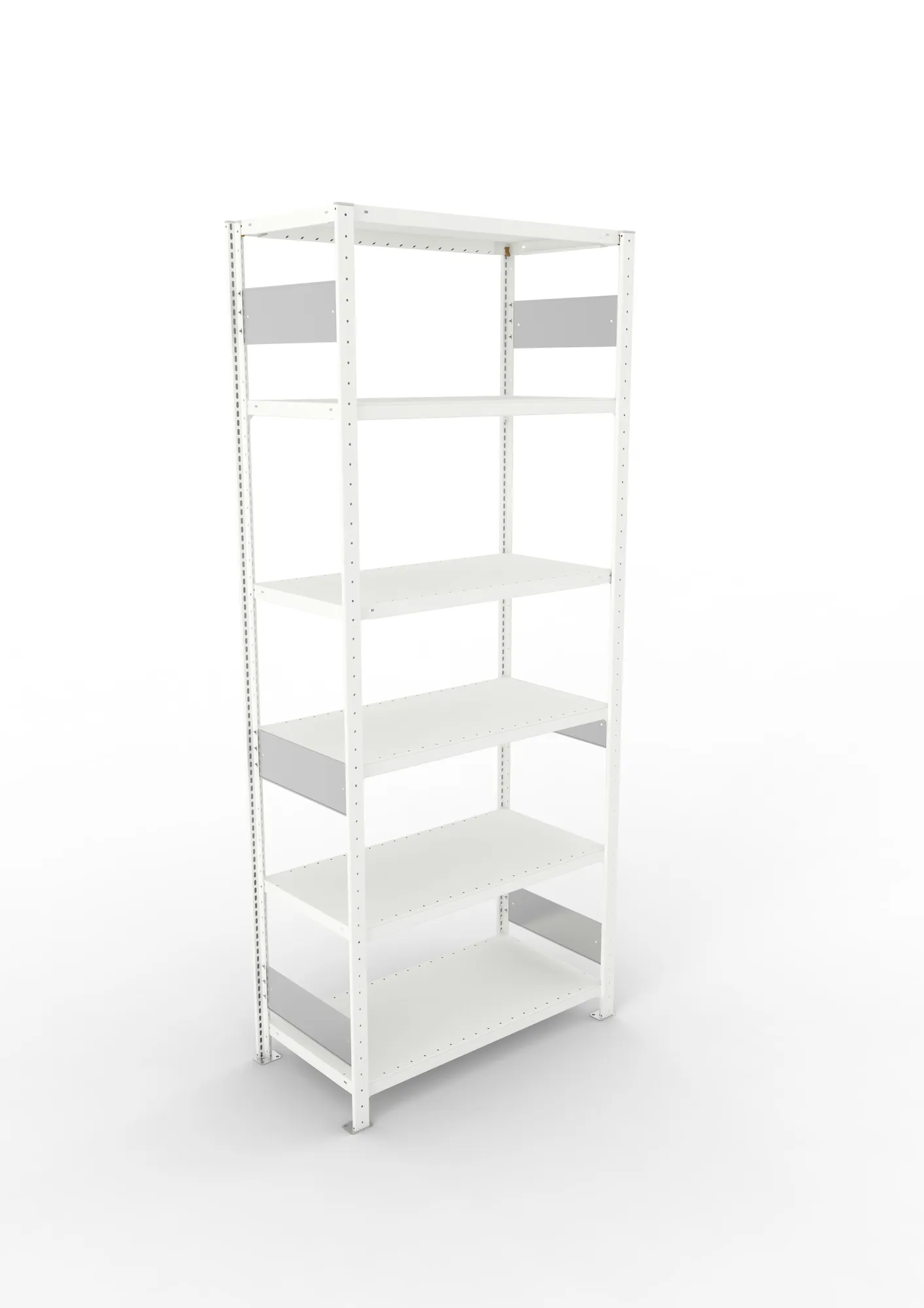 META CLIP S3, Fachbodenregal, Grundregal, 2500 x 1000 x 500 mm, Fachlast 230 kg, 6 Ebenen, Längsriegel, RAL 7035 – Ansicht von oben
