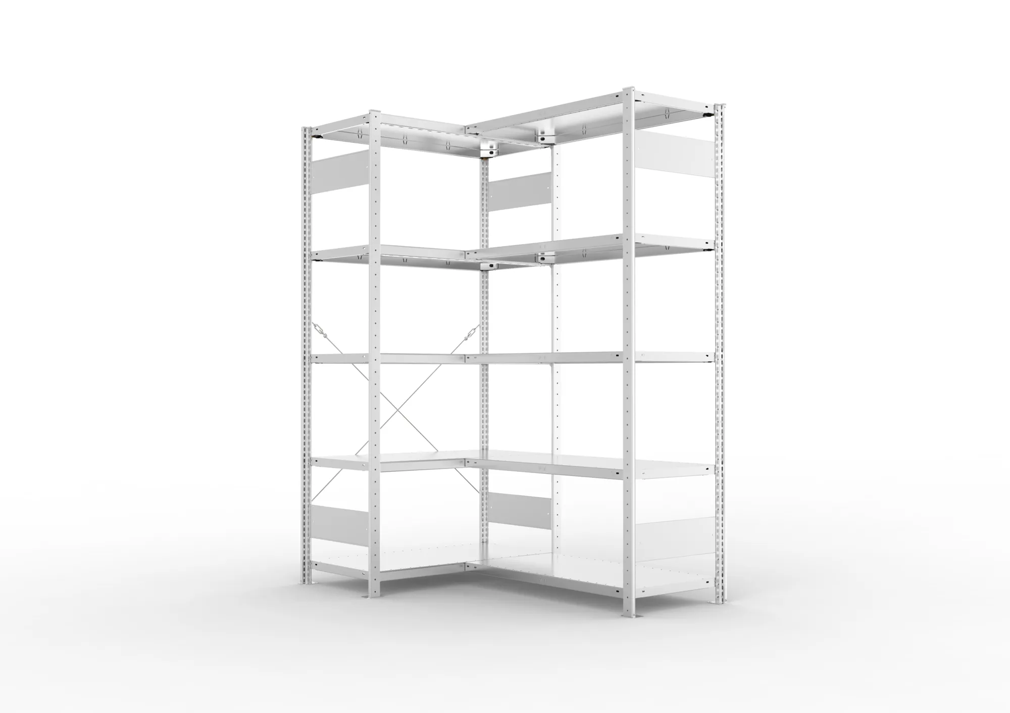 META CLIP, Eckregal, 2000 x 1000 x 500 mm, Fachlast 100 kg, 5 Ebenen, verzinkt – Ansicht in Blickhöhe