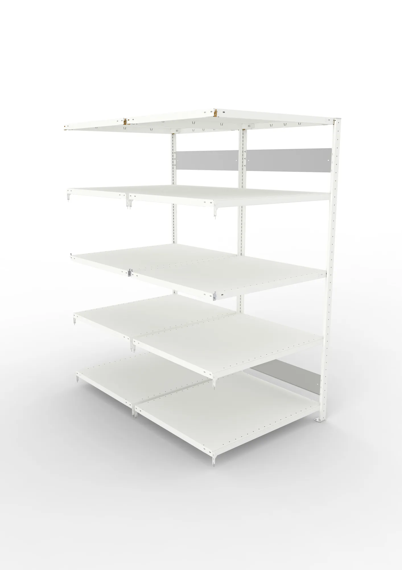 META CLIP S3, Fachbodenregal, Doppel-Anbauregal, 2000 x 1000 x 800 mm, Fachlast 230 kg, 5 Ebenen, Längsriegel, RAL 7035 – Ansicht von oben