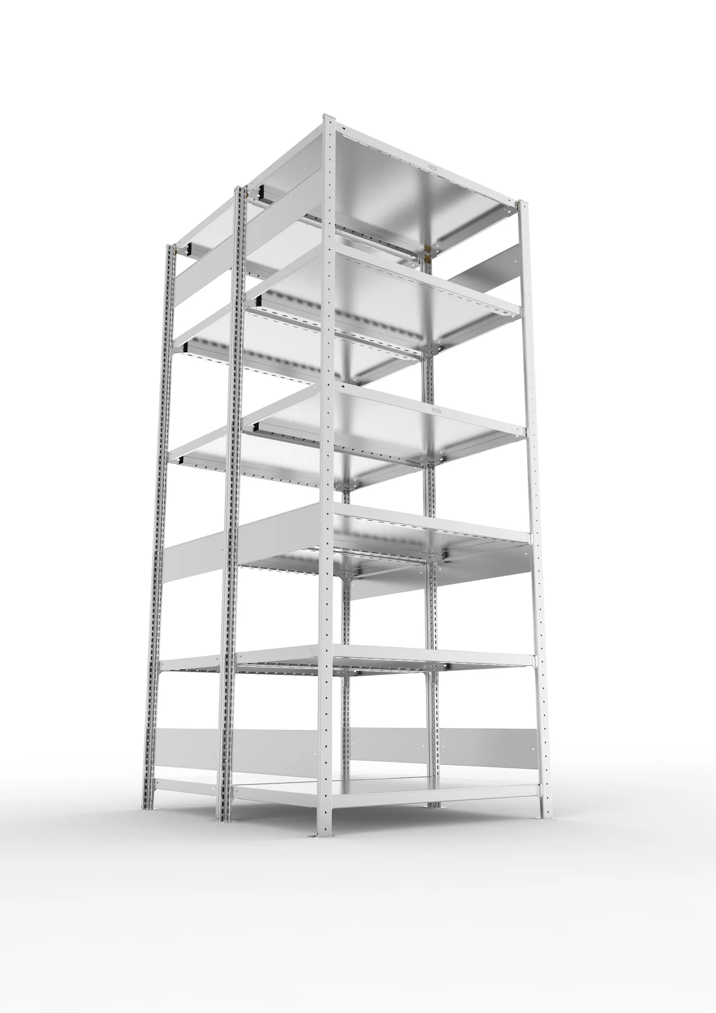 META CLIP S3, Fachbodenregal, Doppel-Grundregal, 2500 x 1000 x 600 mm, Fachlast 230 kg, 6 Ebenen, Längsriegel, verzinkt – Ansicht von unten