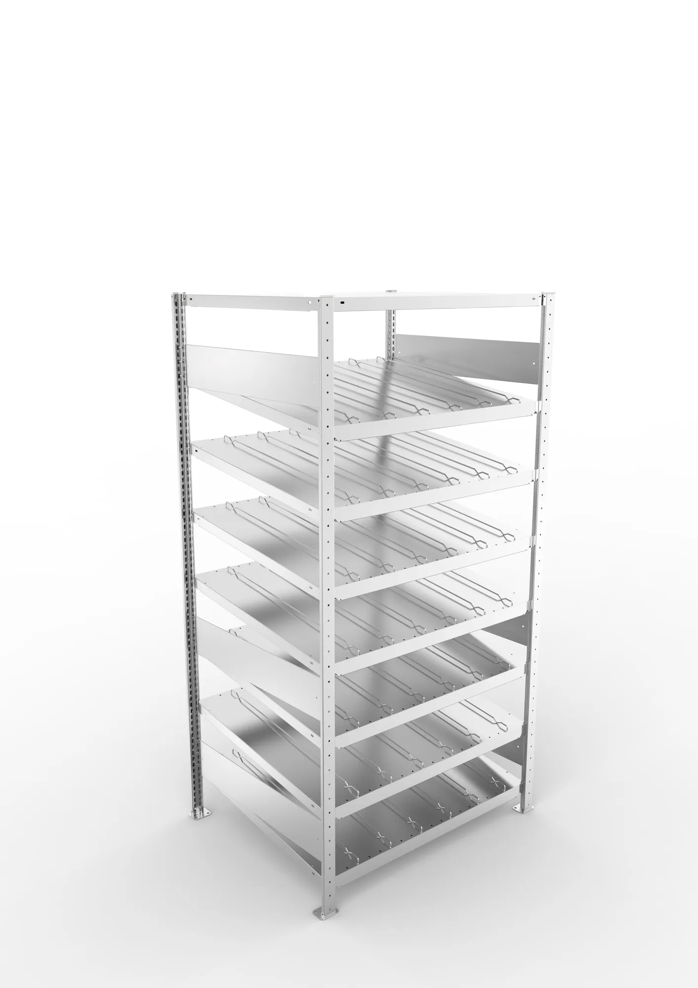 META CLIP S3, Schrägbodenregal, Grundregal, 2000 x 1000 x 800 mm, Fachlast 230 kg, 8 Ebenen, verzinkt – Ansicht von oben