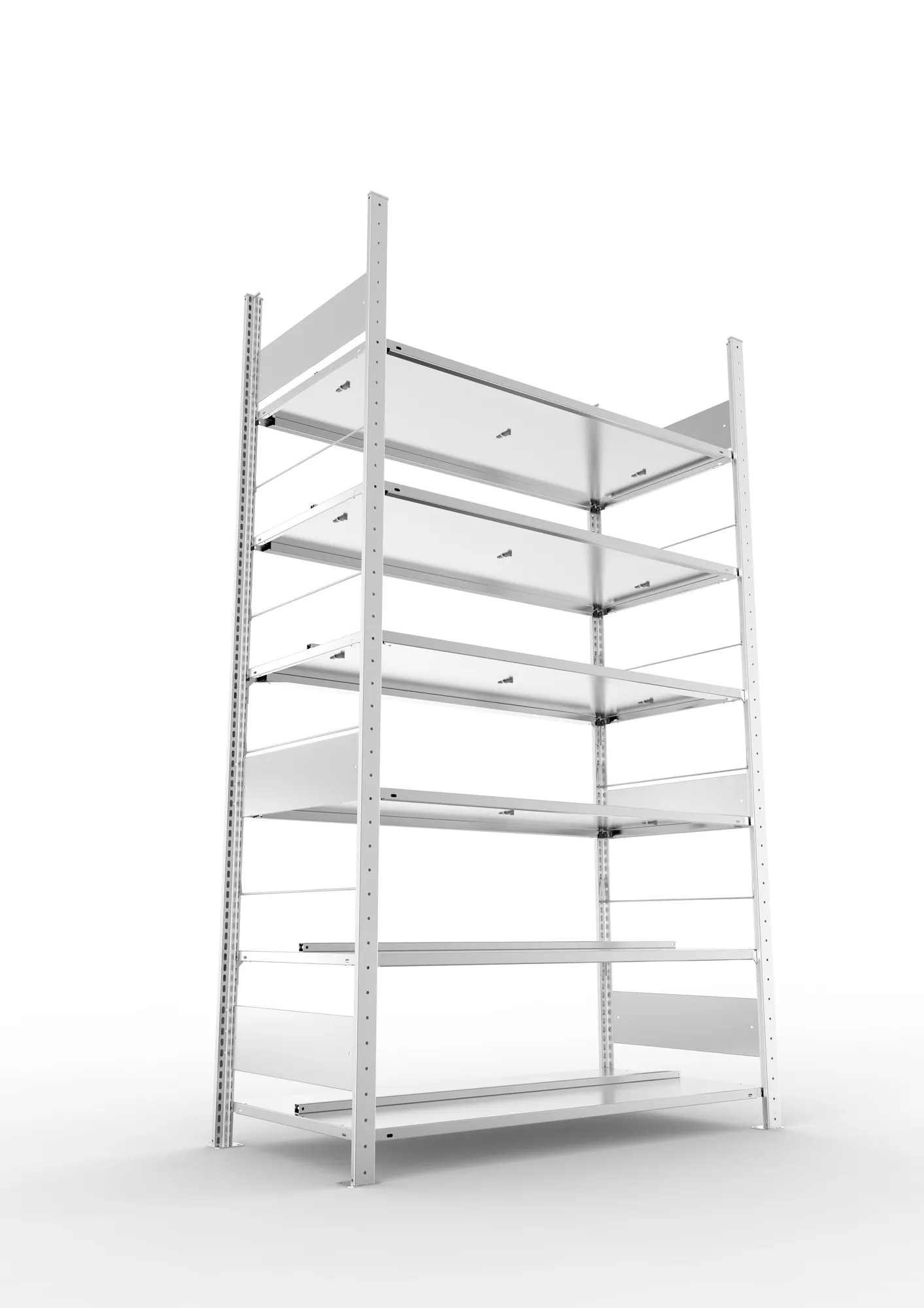 META CLIP COMPACT S3, Büro-Steckregal, Doppel-Grundregal, 2200 x 1250 x 600 mm, Fachlast 100 kg, 6+0 Ebenen, Mittelanschlag, verzinkt – Ansicht von unten