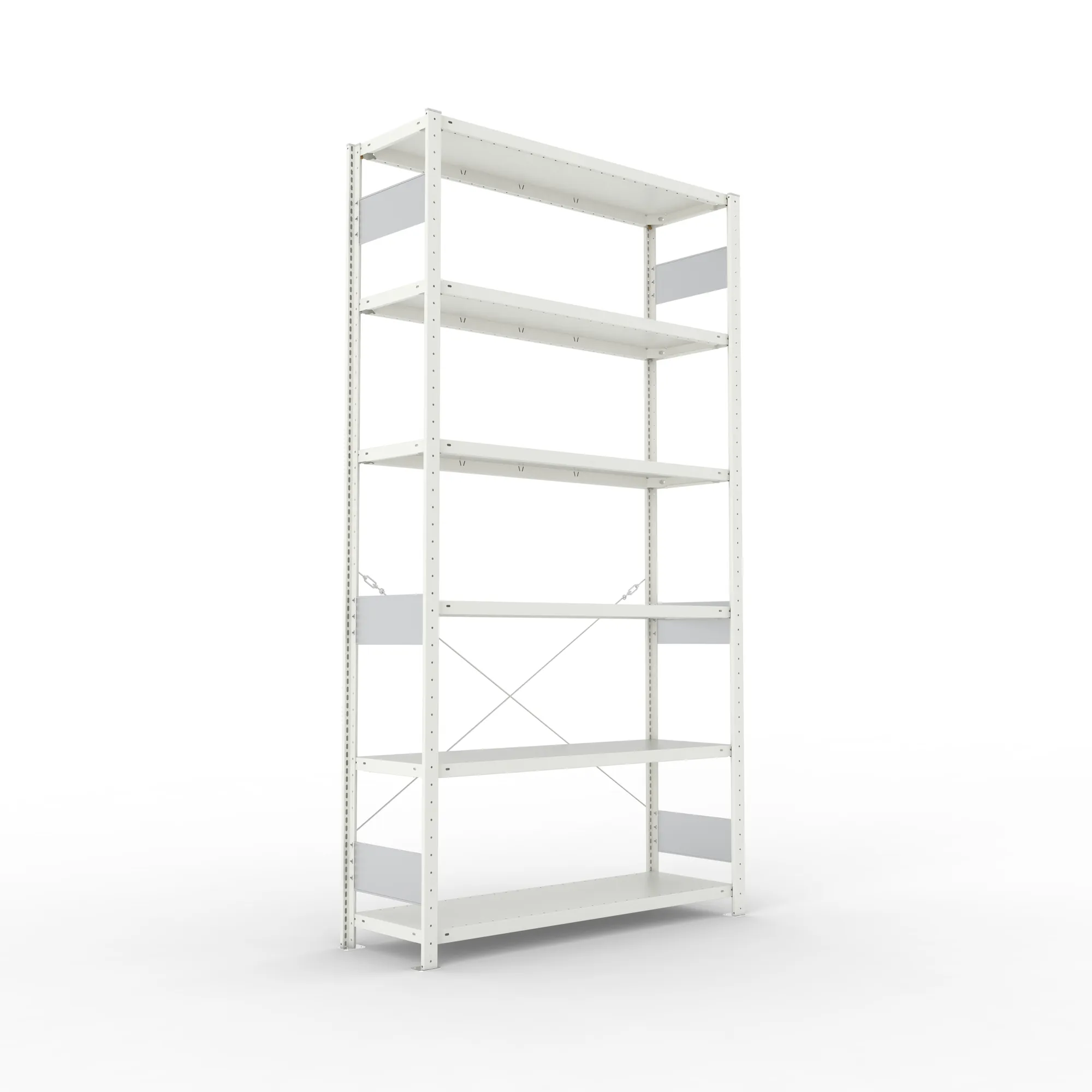 META CLIP S3, Fachbodenregal, Grundregal, 2500 x 1300 x 400 mm, Fachlast 230 kg, 6 Ebenen, RAL 7035 – Ansicht in Blickhöhe