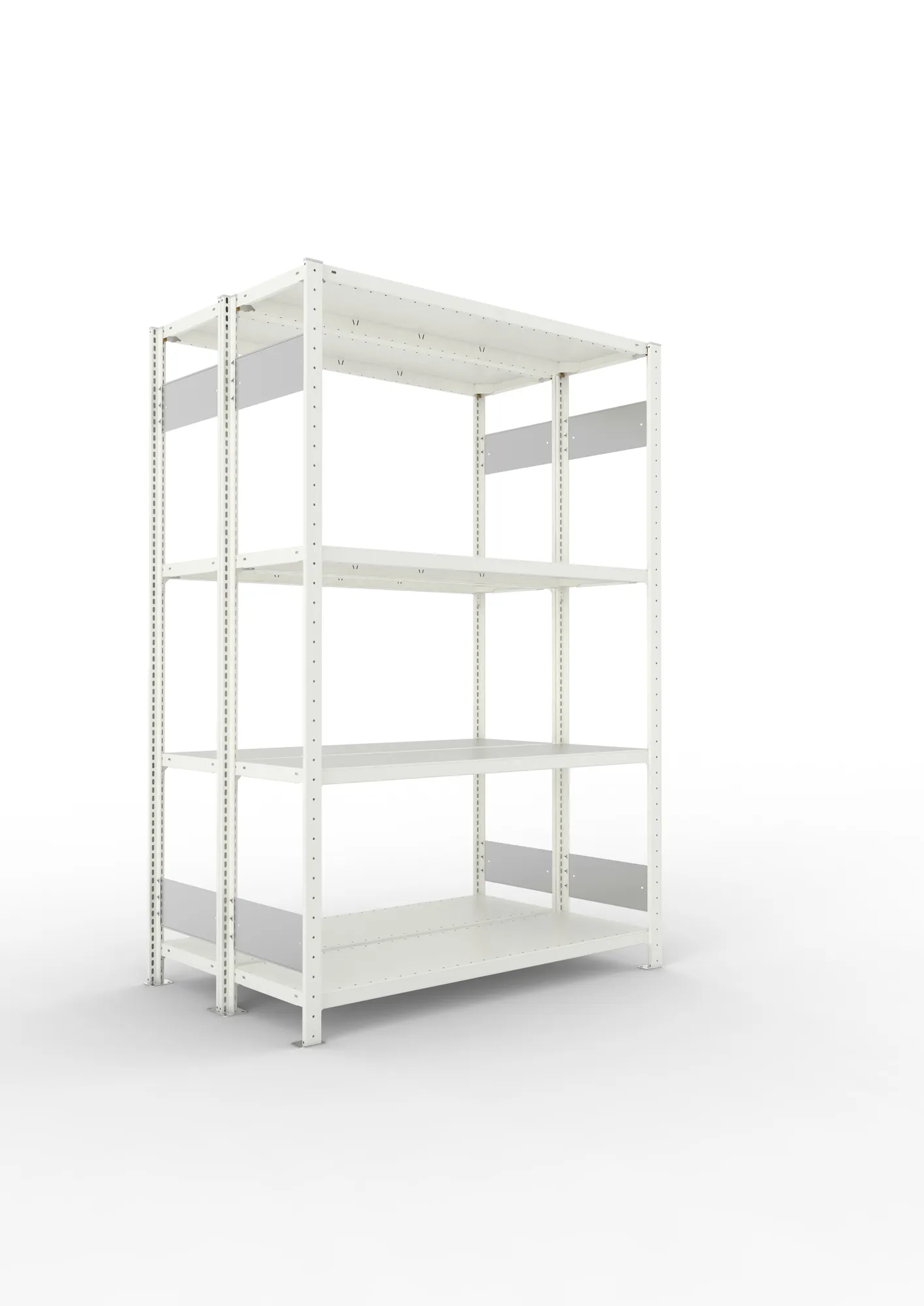META CLIP S3, Fachbodenregal, Doppel-Grundregal, 2000 x 1300 x 400 mm, Fachlast 230 kg, 4 Ebenen, Längsriegel, RAL 7035 – Ansicht in Blickhöhe