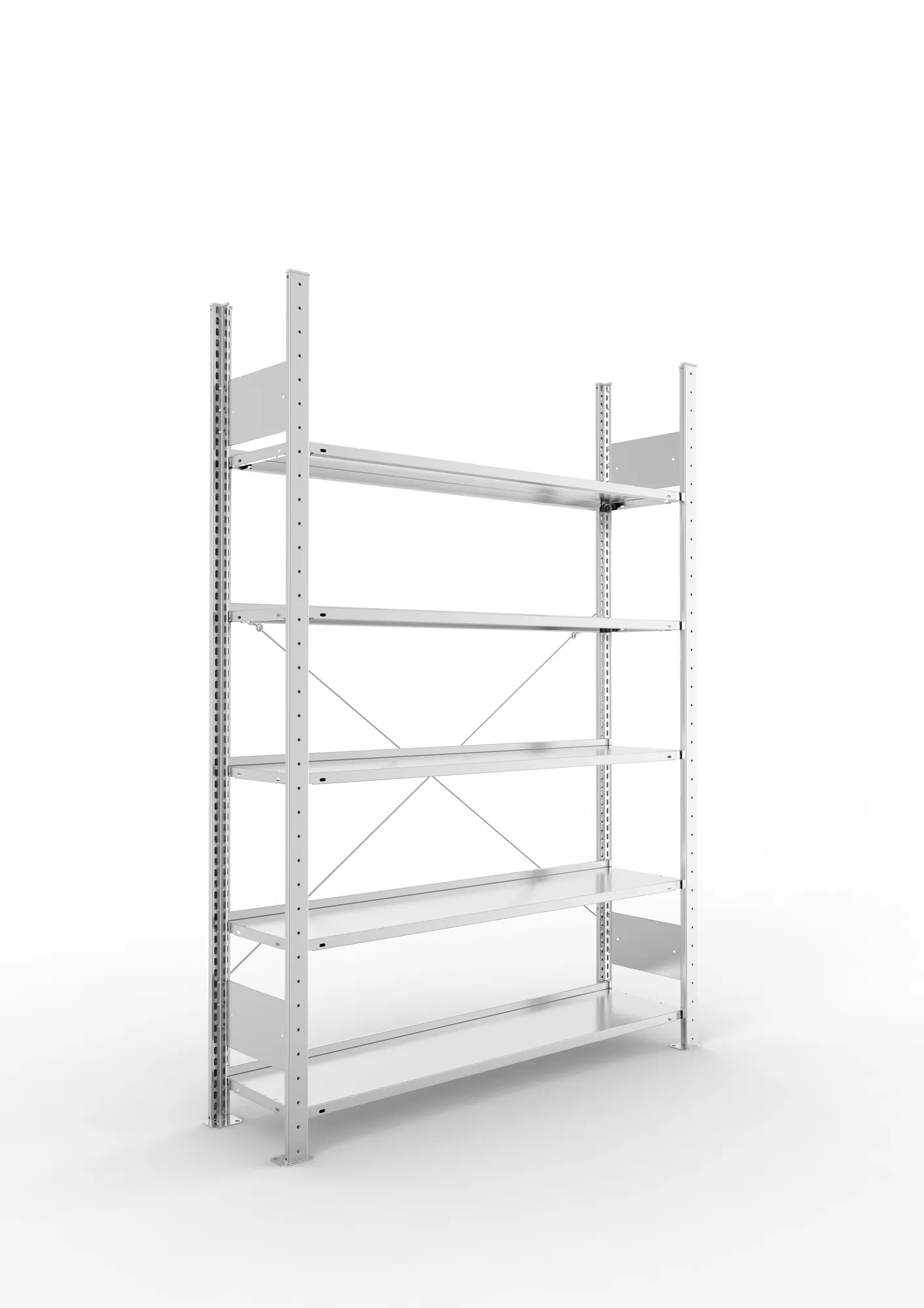 META CLIP COMPACT S3, Büro-Steckregal, Grundregal, 1850 x 1250 x 300 mm, Fachlast 80 kg, 5+0 Ebenen, Endanschlag, verzinkt – Ansicht in Blickhöhe