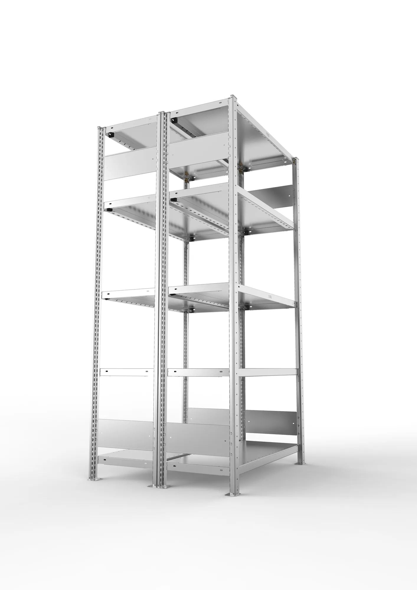 META CLIP S3, Fachbodenregal, Doppel-Grundregal, 2000 x 1000 x 400 mm, Fachlast 230 kg, 5 Ebenen, Längsriegel, verzinkt – Seitenansicht