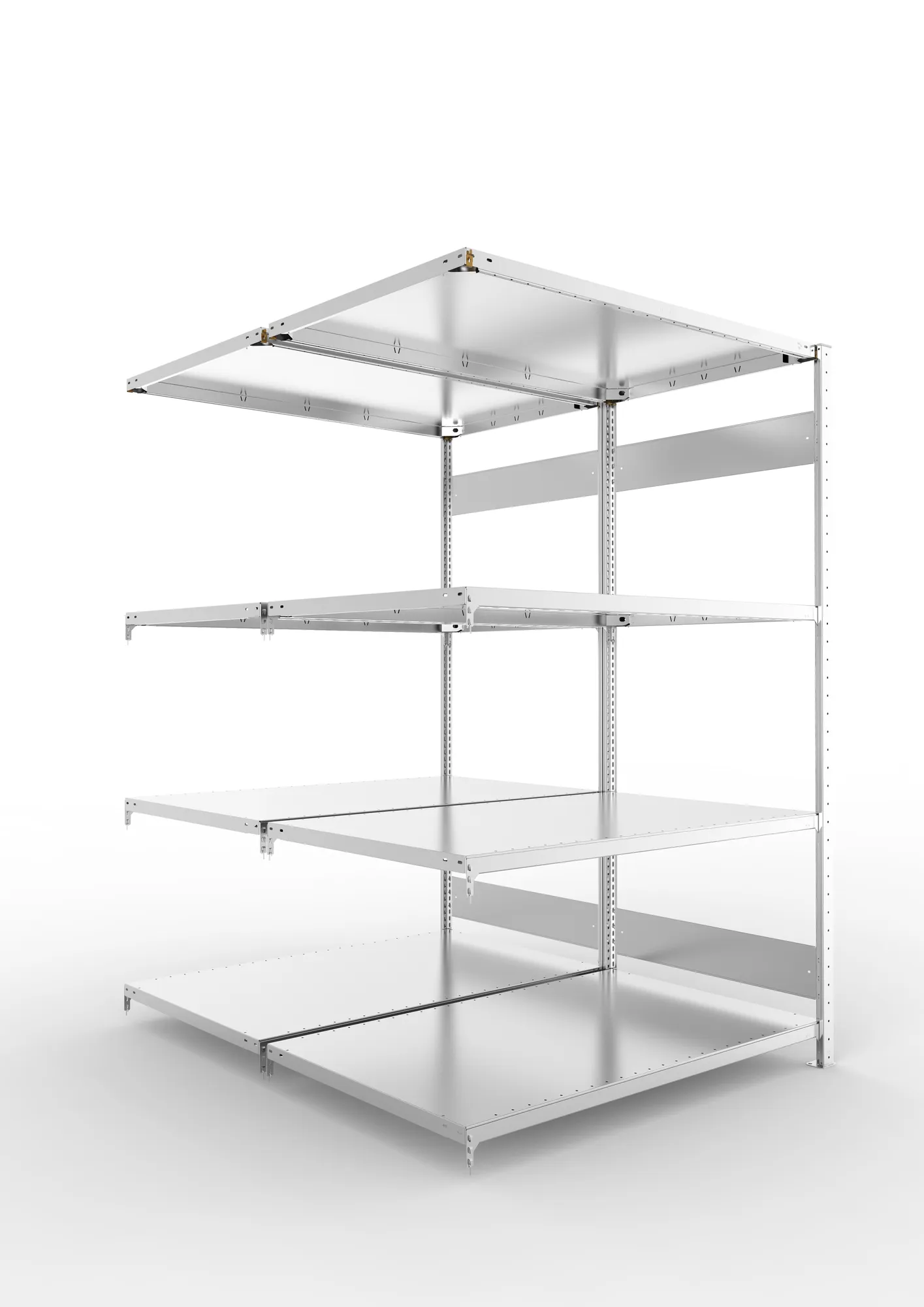 META CLIP S3, Fachbodenregal, Doppel-Anbauregal, 2000 x 1300 x 800 mm, Fachlast 230 kg, 4 Ebenen, Längsriegel, verzinkt – Ansicht in Blickhöhe