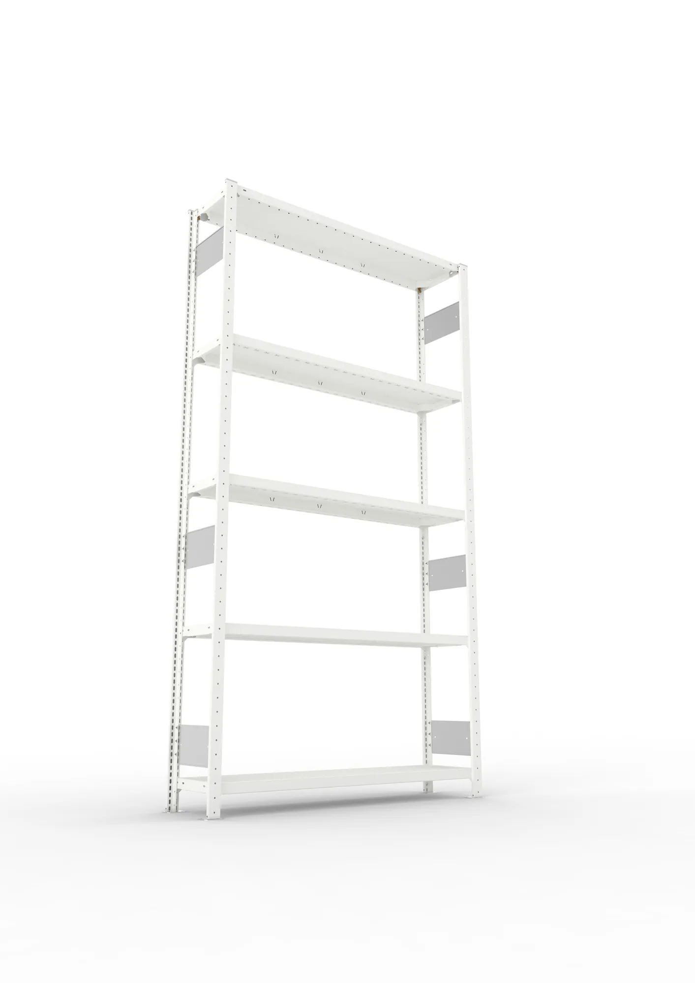 META CLIP S3, Fachbodenregal, Grundregal, 2500 x 1300 x 300 mm, Fachlast 230 kg, 5 Ebenen, Längsriegel, RAL 7035 – Ansicht von unten