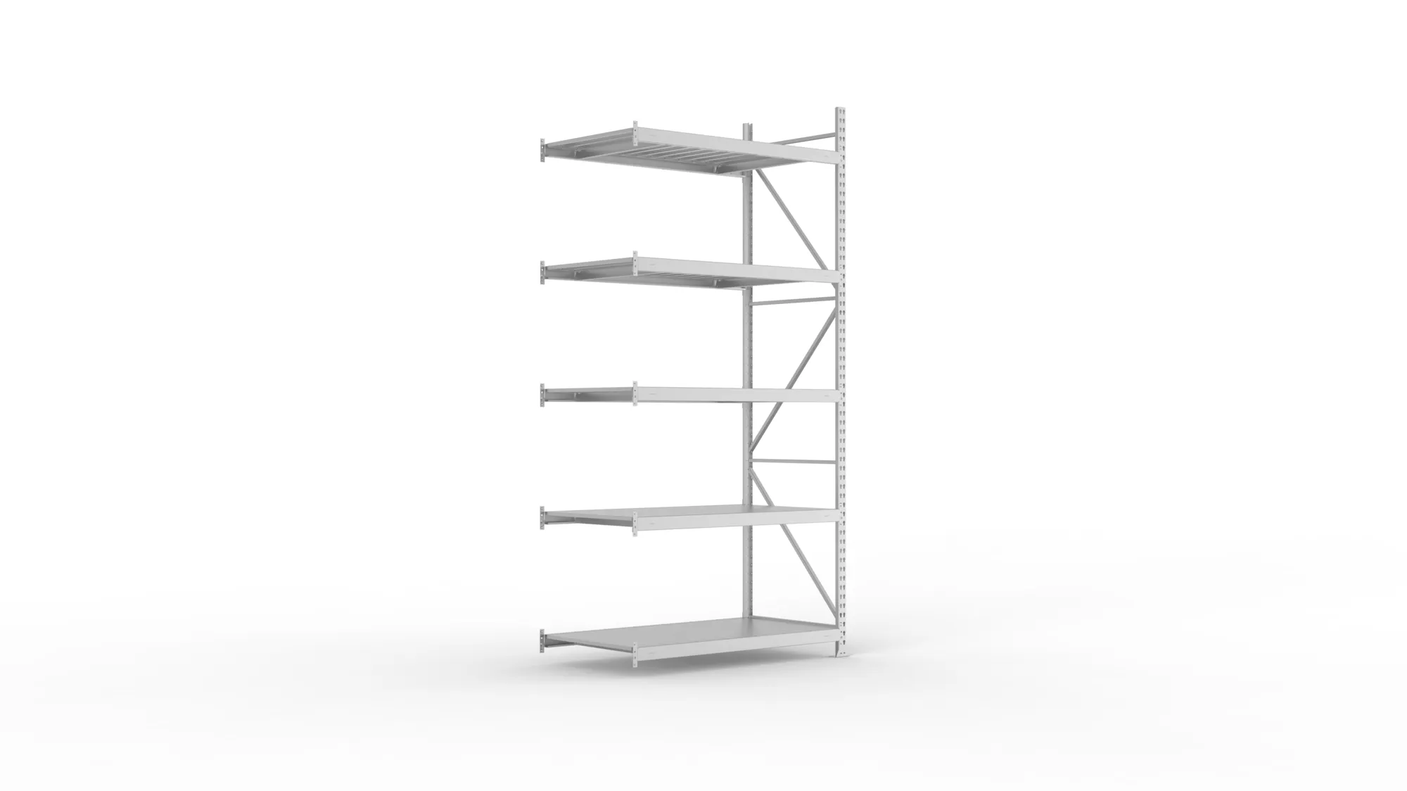 META MINI-RACK, Weitspannregal, Anbauregal, 3000 x 1400 x 800 mm, Fachlast 600 kg, Stahlpaneelböden, 5 Ebenen – Ansicht in Blickhöhe