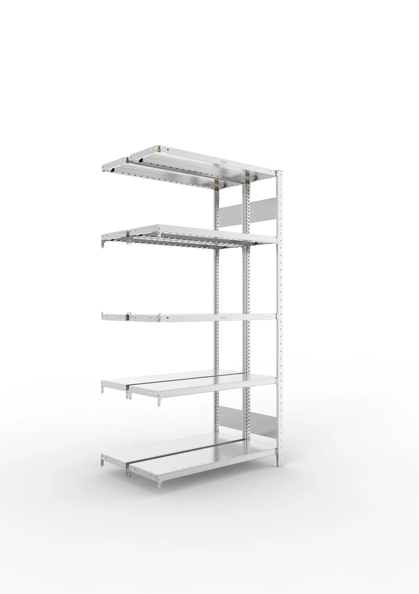 META CLIP S3, Fachbodenregal, Doppel-Anbauregal, 2000 x 1000 x 300 mm, Fachlast 230 kg, 5 Ebenen, Längsriegel, verzinkt – Ansicht in Blickhöhe