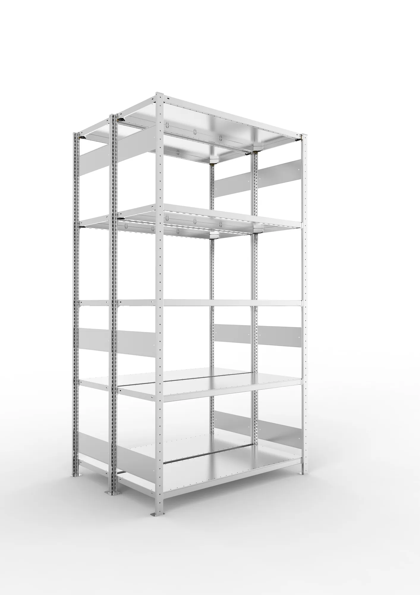 META CLIP S3, Fachbodenregal, Doppel-Grundregal, 2500 x 1300 x 500 mm, Fachlast 230 kg, 5 Ebenen, Längsriegel, verzinkt – Ansicht in Blickhöhe