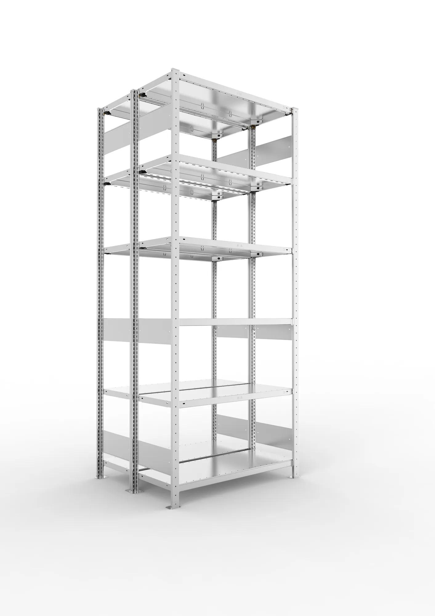 META CLIP S3, Fachbodenregal, Doppel-Grundregal, 2500 x 1000 x 400 mm, Fachlast 150 kg, 6 Ebenen, Längsriegel, verzinkt – Ansicht in Blickhöhe
