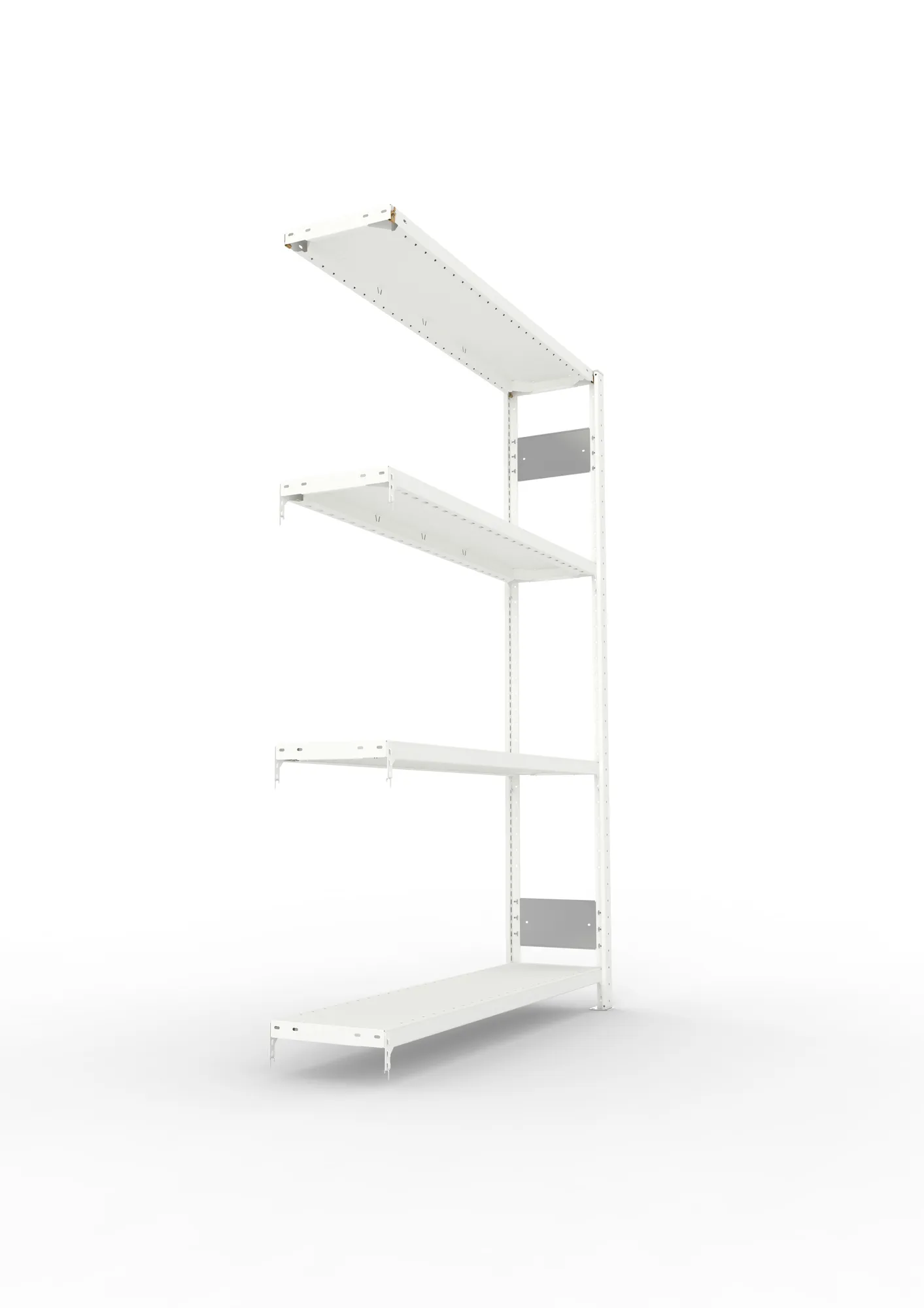 META CLIP S3, Fachbodenregal, Anbauregal, 2000 x 1300 x 300 mm, Fachlast 230 kg, 4 Ebenen, Längsriegel, RAL 7035 – Seitenansicht