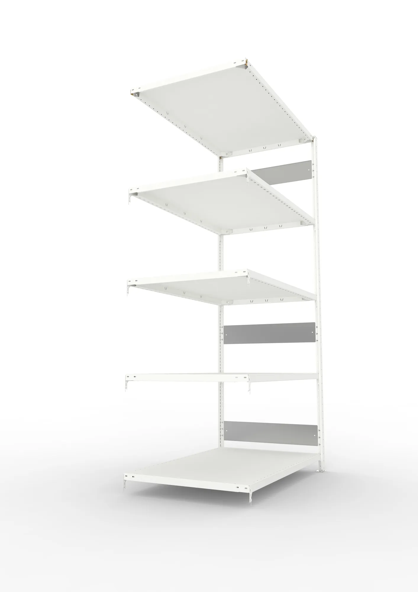 META CLIP S3, Fachbodenregal, Anbauregal, 2500 x 1300 x 800 mm, Fachlast 230 kg, 5 Ebenen, Längsriegel, RAL 7035 – Seitenansicht
