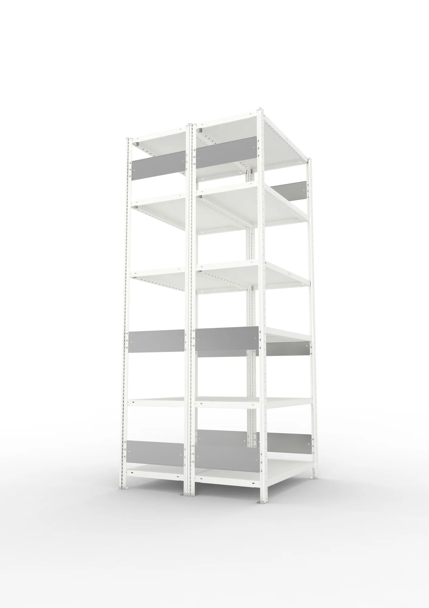 META CLIP S3, Fachbodenregal, Doppel-Grundregal, 2500 x 1000 x 500 mm, Fachlast 230 kg, 6 Ebenen, Längsriegel, RAL 7035 – Seitenansicht