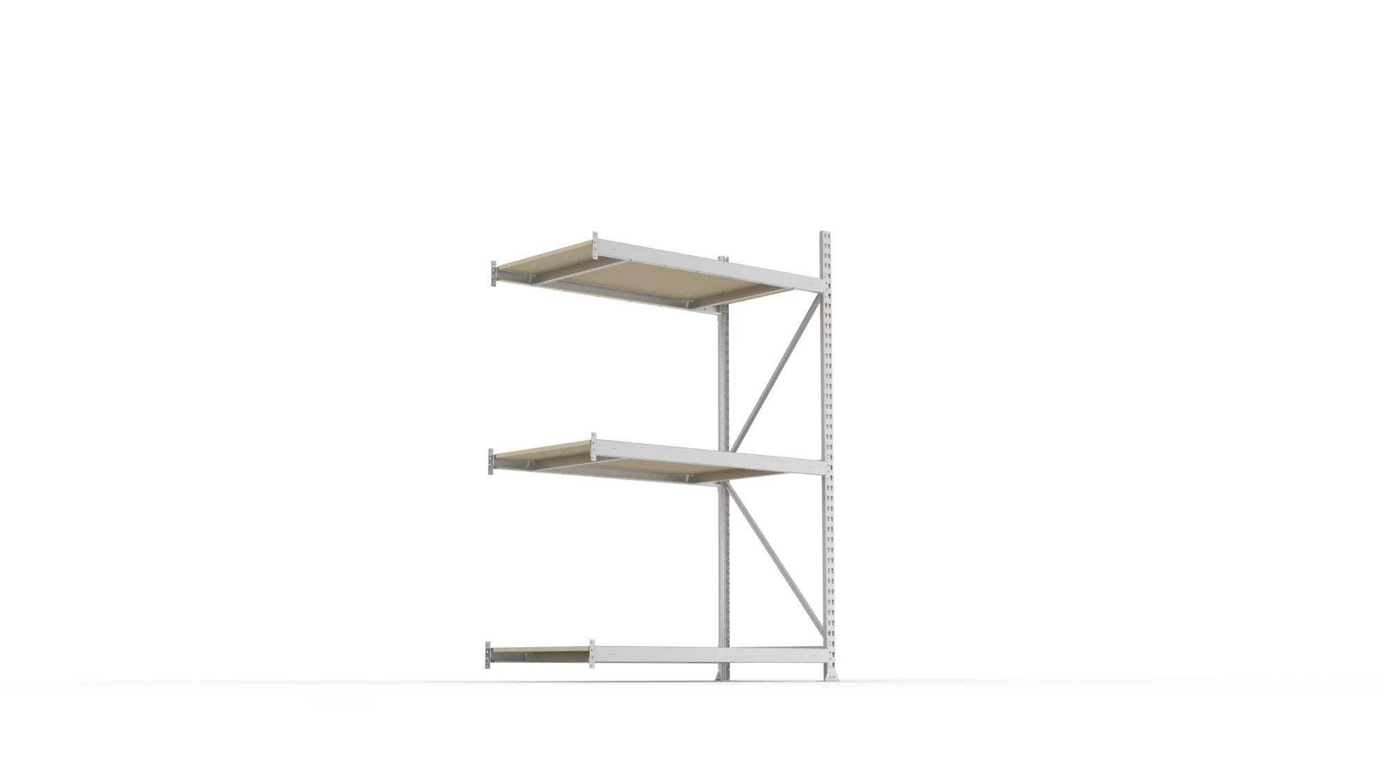 META MINI-RACK, Weitspannregal, Anbauregal, 2200 x 1400 x 800 mm, Fachlast 600 kg, Spanplattenböden, 3 Ebenen – Ansicht von unten