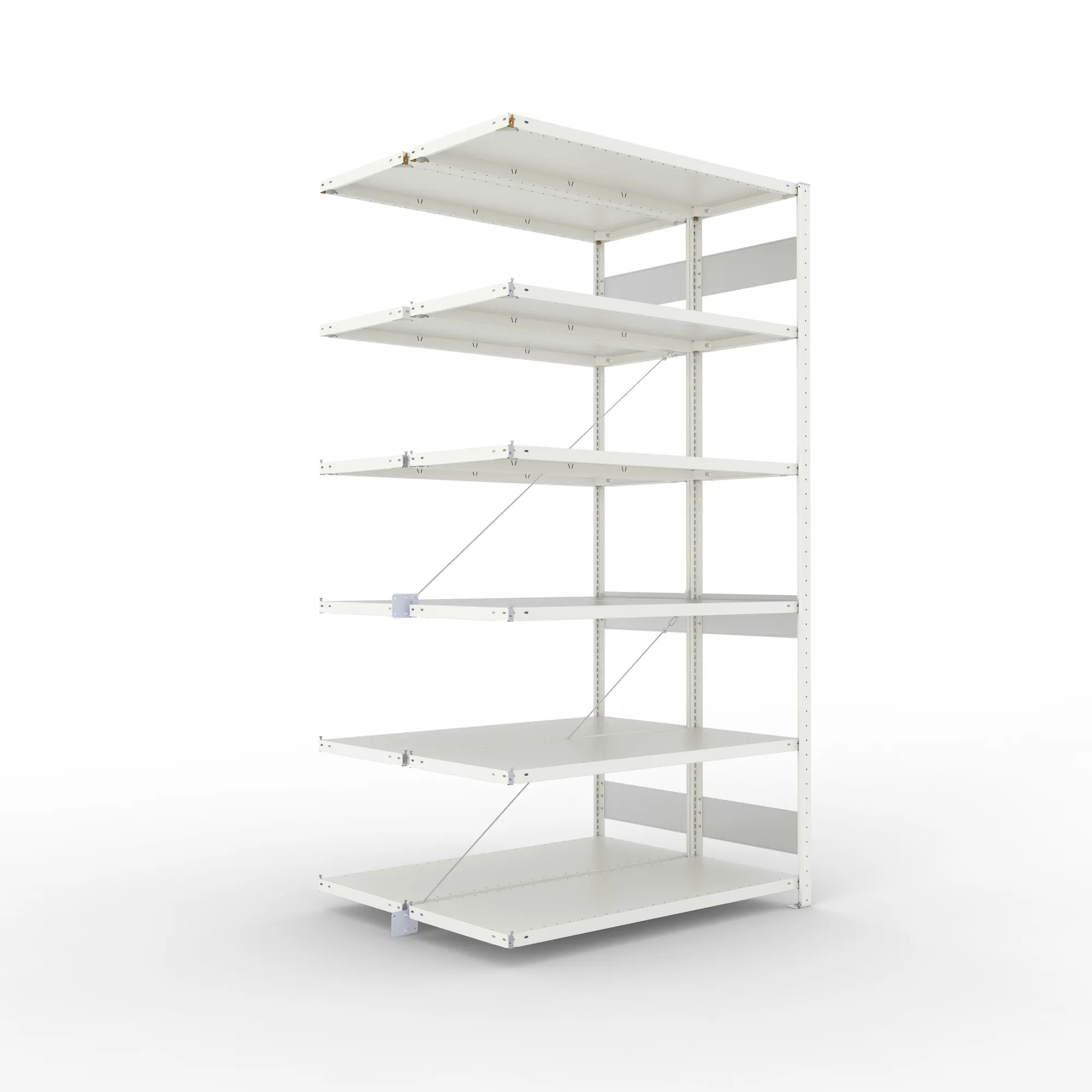 META CLIP S3, Fachbodenregal, Doppel-Anbauregal, 2500 x 1300 x 500 mm, Fachlast 230 kg, 6 Ebenen, RAL 7035 – Ansicht in Blickhöhe