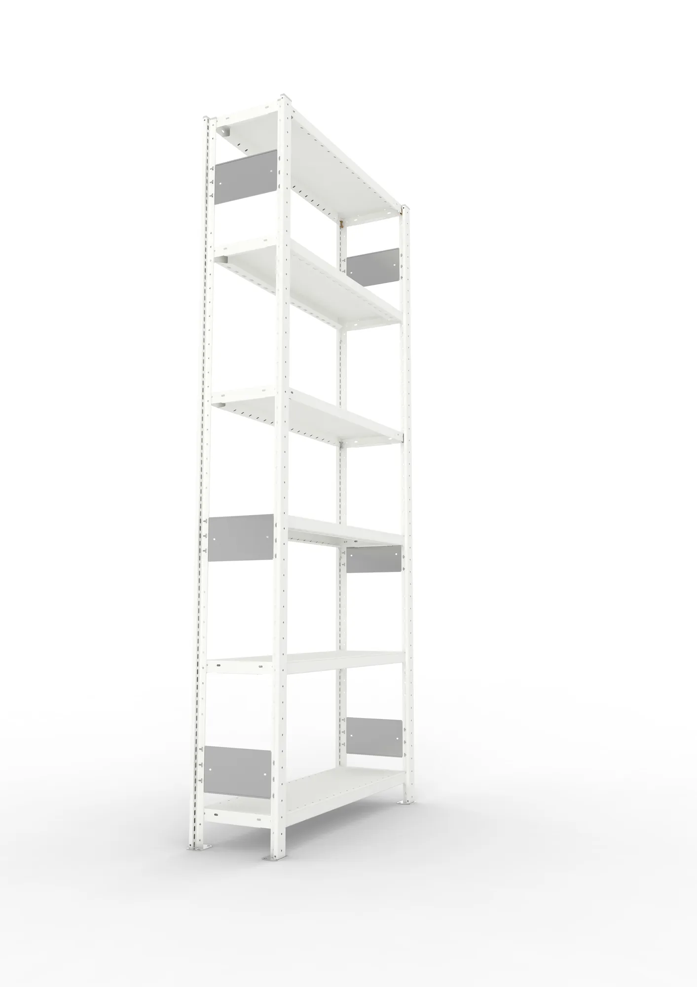 META CLIP S3, Fachbodenregal, Grundregal, 2500 x 1000 x 300 mm, Fachlast 230 kg, 6 Ebenen, Längsriegel, RAL 7035 – Seitenansicht