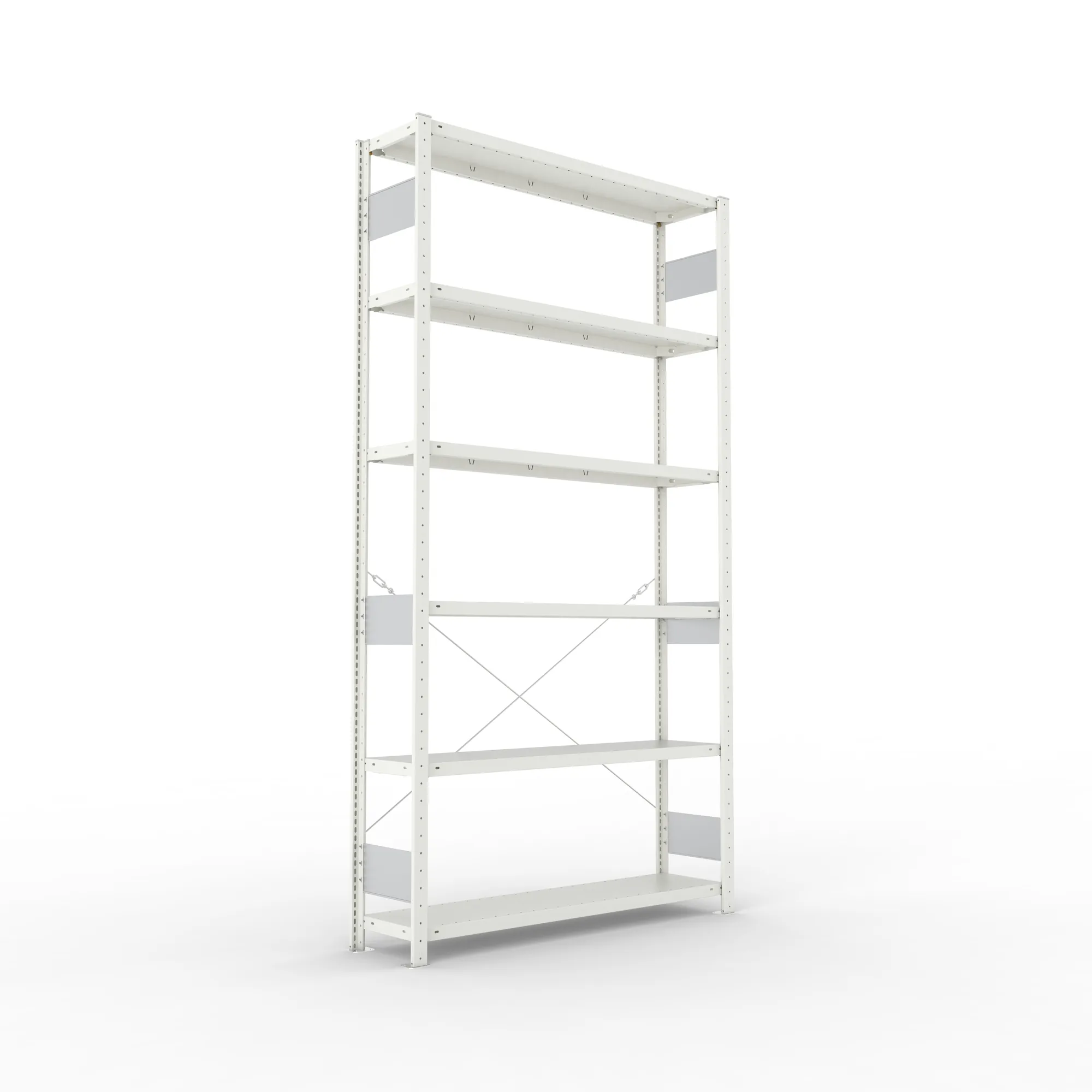 META CLIP S3, Fachbodenregal, Grundregal, 2500 x 1300 x 300 mm, Fachlast 230 kg, 6 Ebenen, RAL 7035 – Ansicht in Blickhöhe